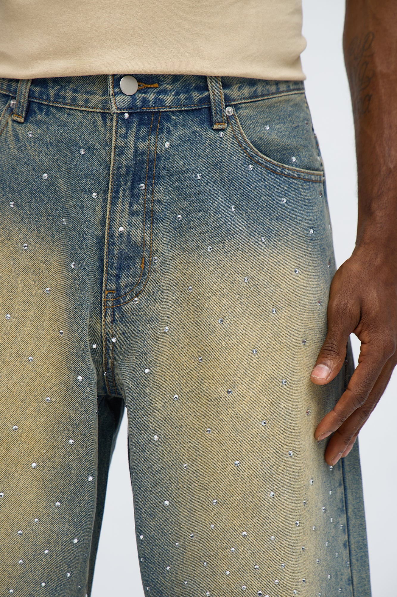 Baggy Notch Jeweled Denim Short - Vintage Blue Wash