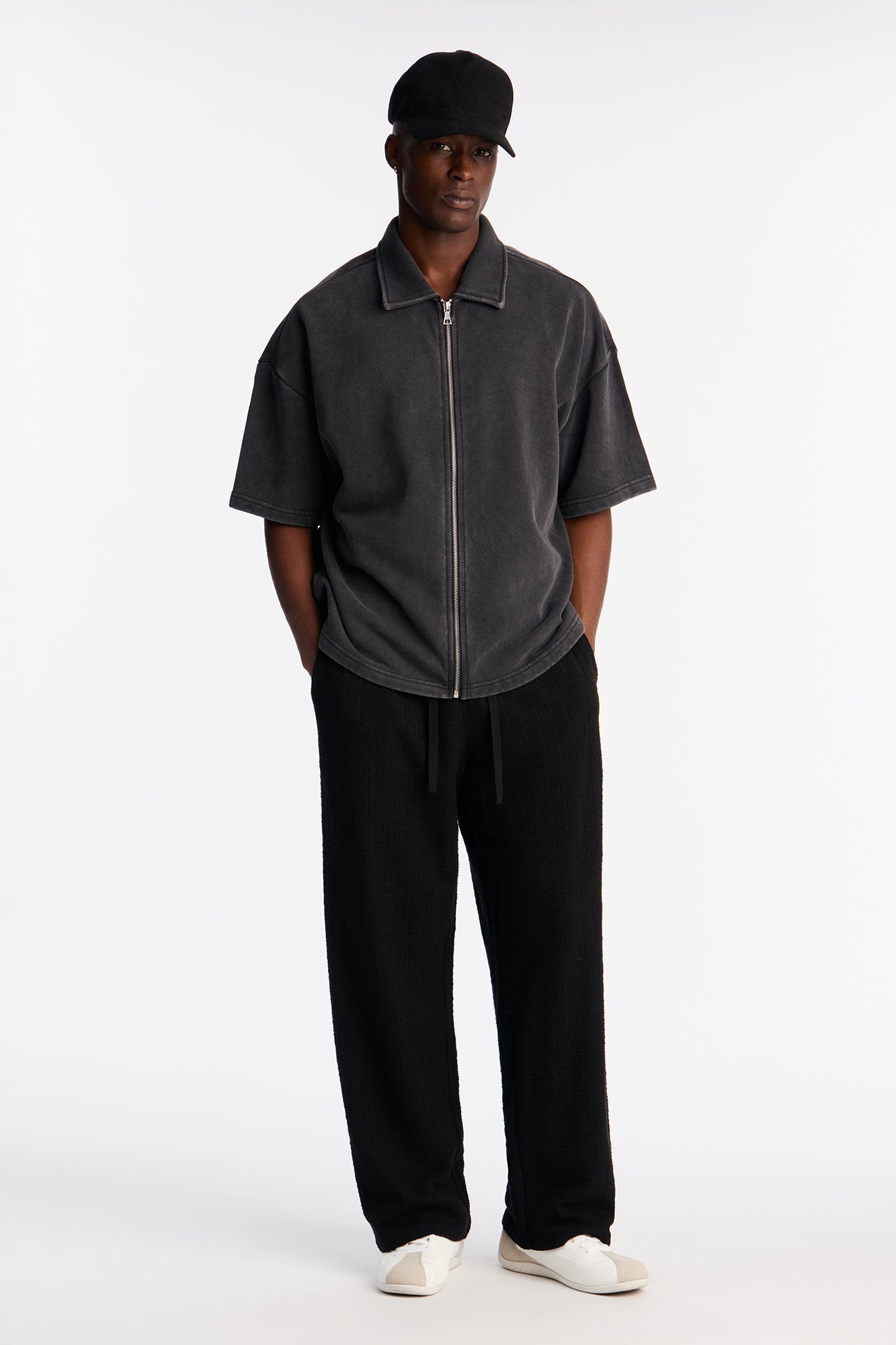 Heavy Wash Oversized Full Zip Polo - Black