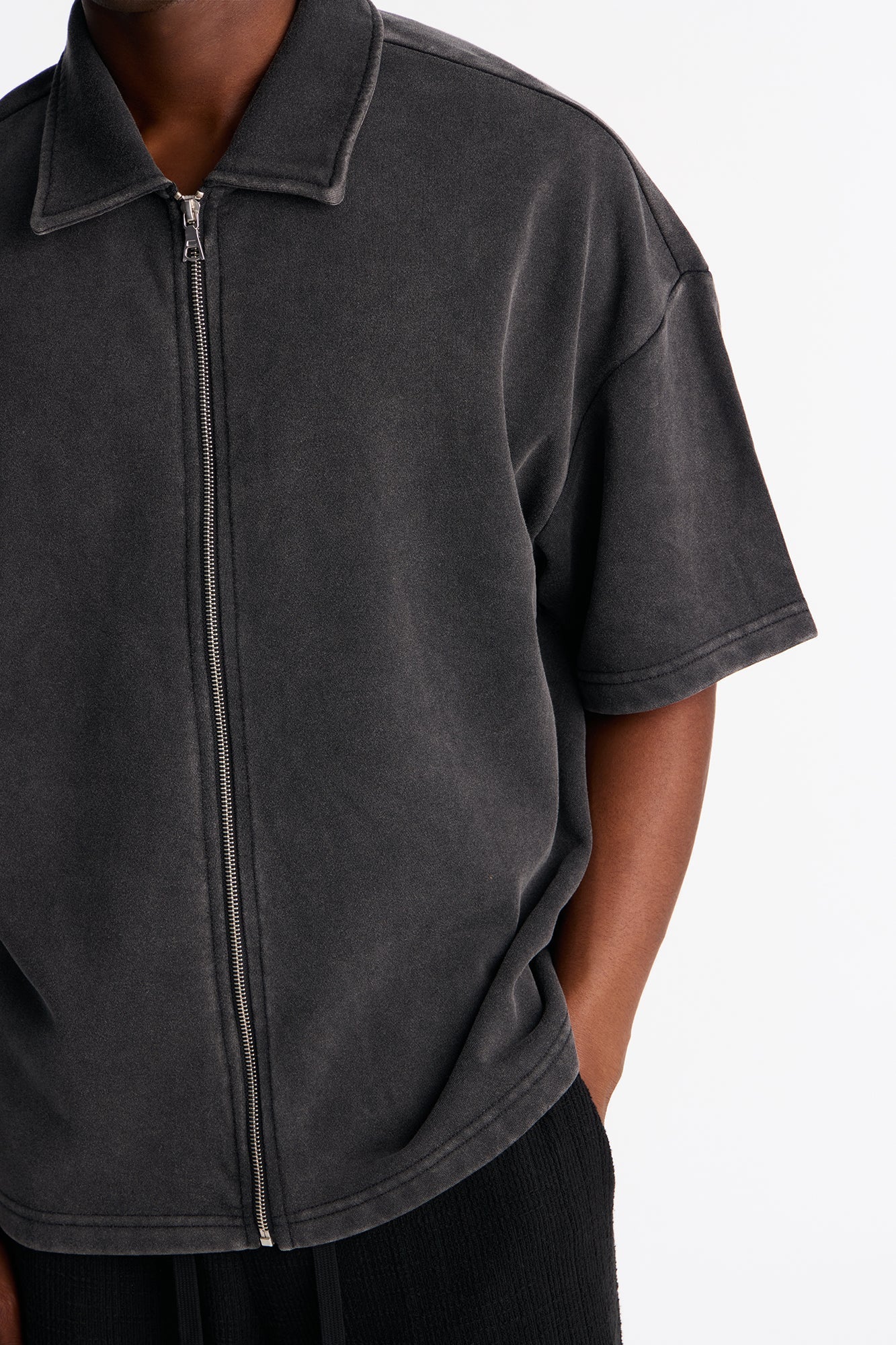 Heavy Wash Oversized Full Zip Polo - Black