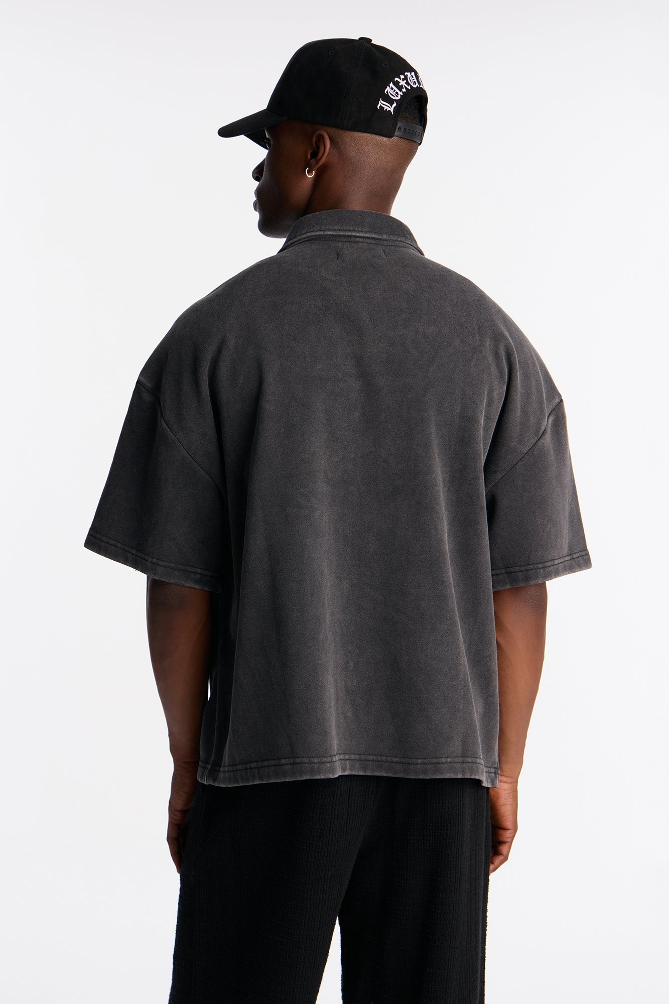 Heavy Wash Oversized Full Zip Polo - Black