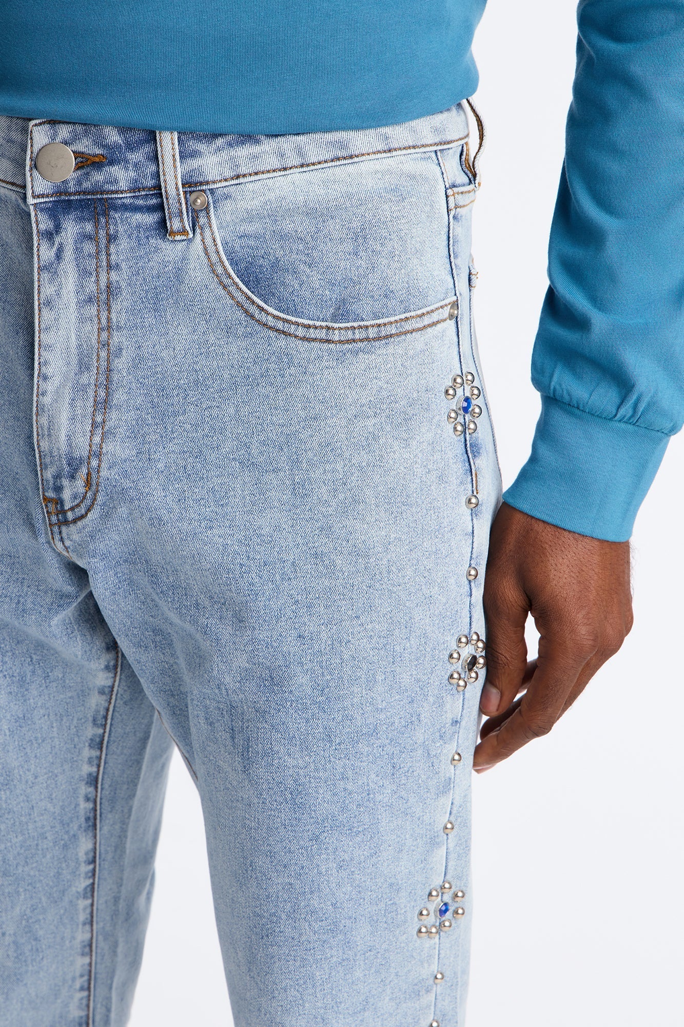 Western Studded Stacked Slim Flare Jeans - Light Wash