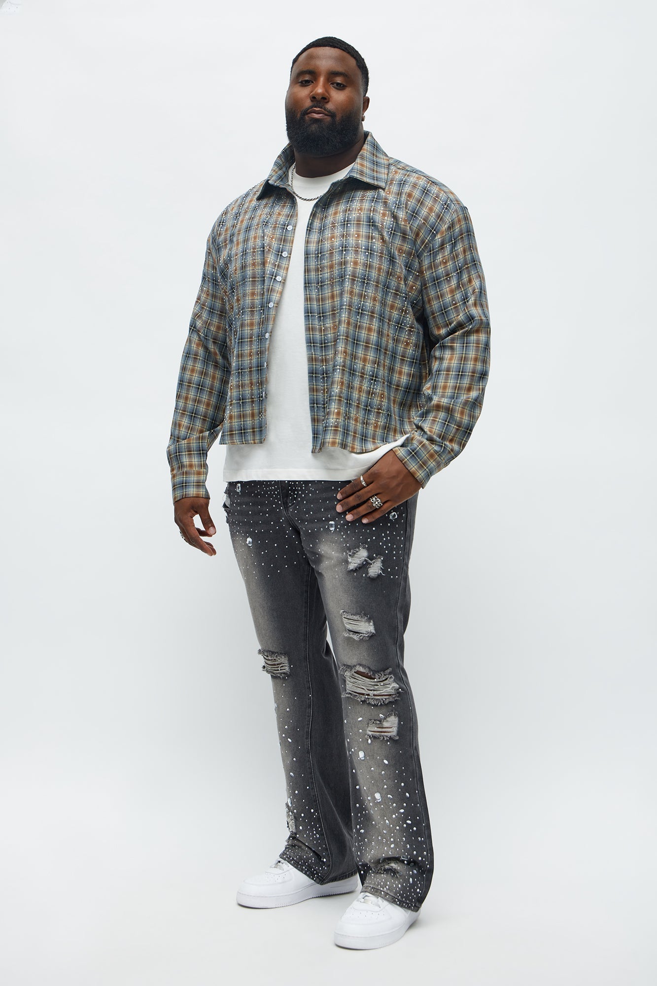Cropped Starlit Rhinestone Plaid Flannel - Blue/combo