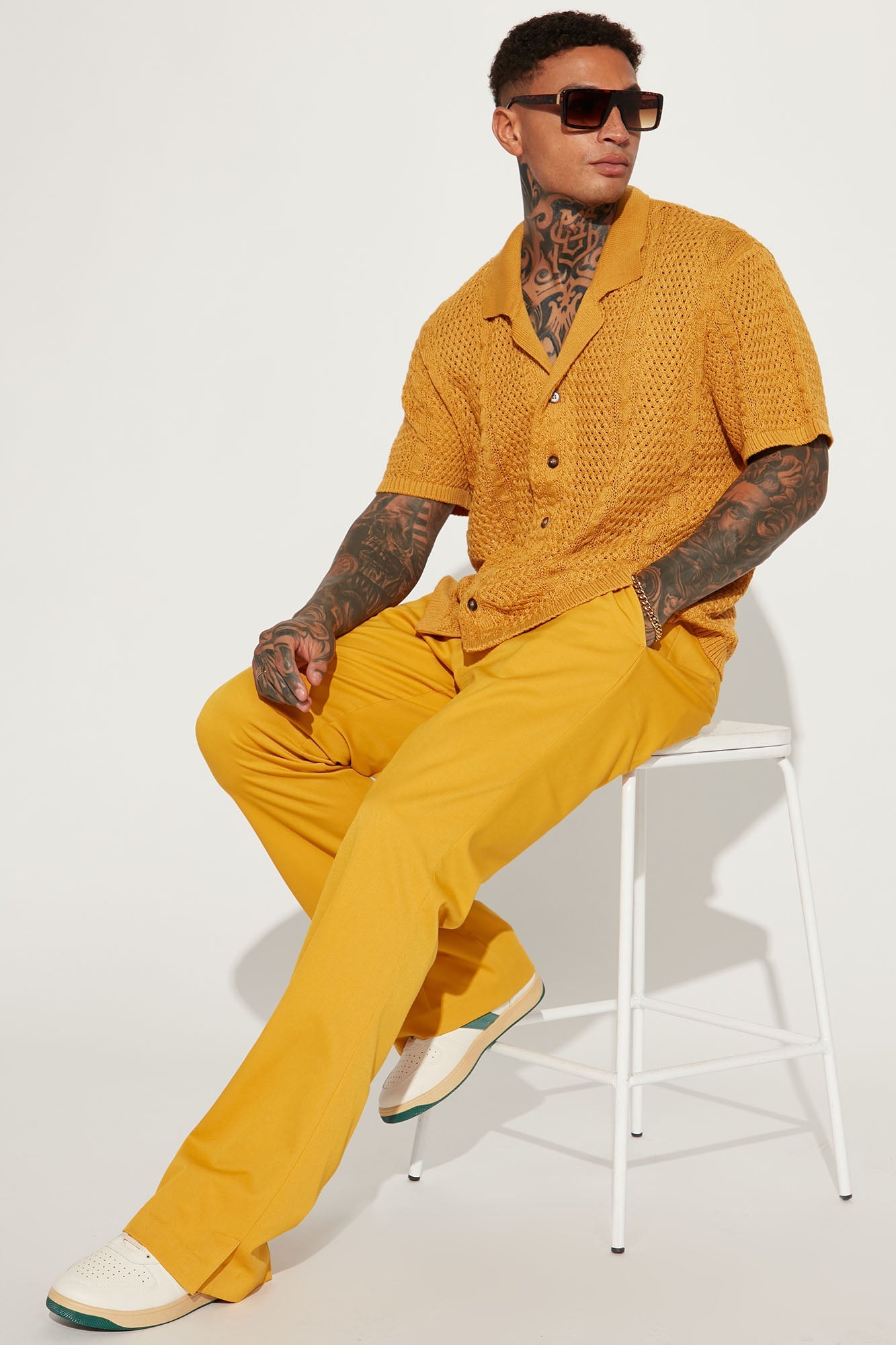 Unwind Cable Knit Short Sleeve Button Up - Mustard