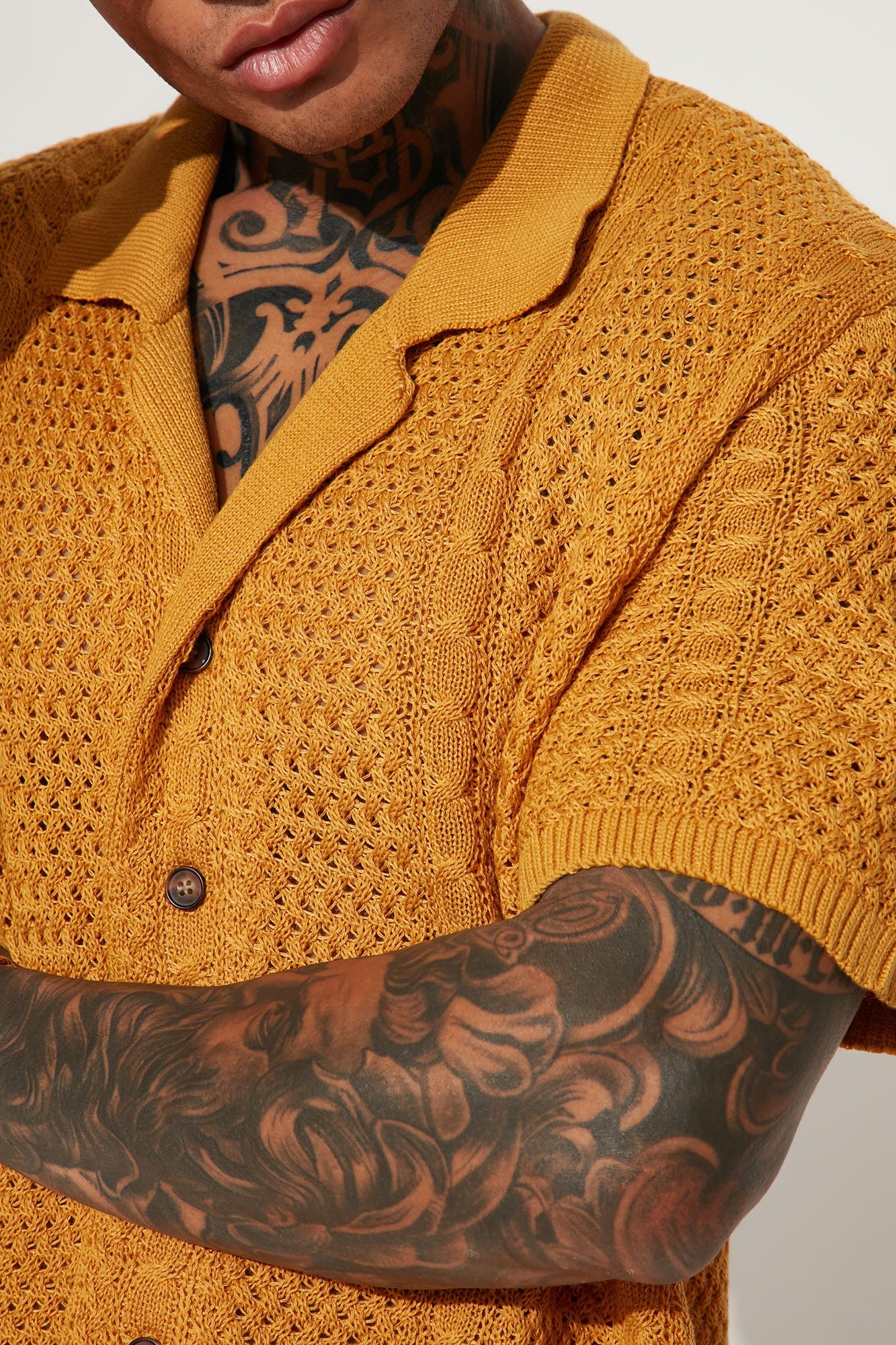 Unwind Cable Knit Short Sleeve Button Up - Mustard