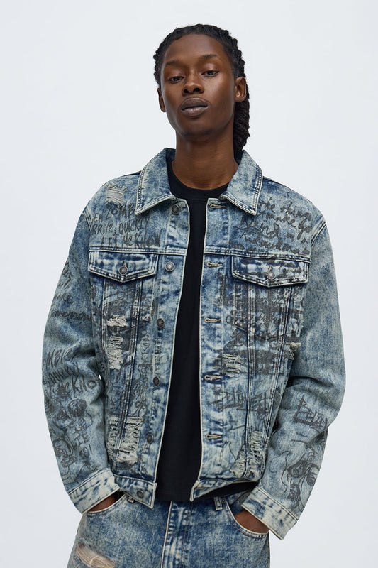 Verbiage Distressed Denim Trucker Jacket - Vintage Blue Wash