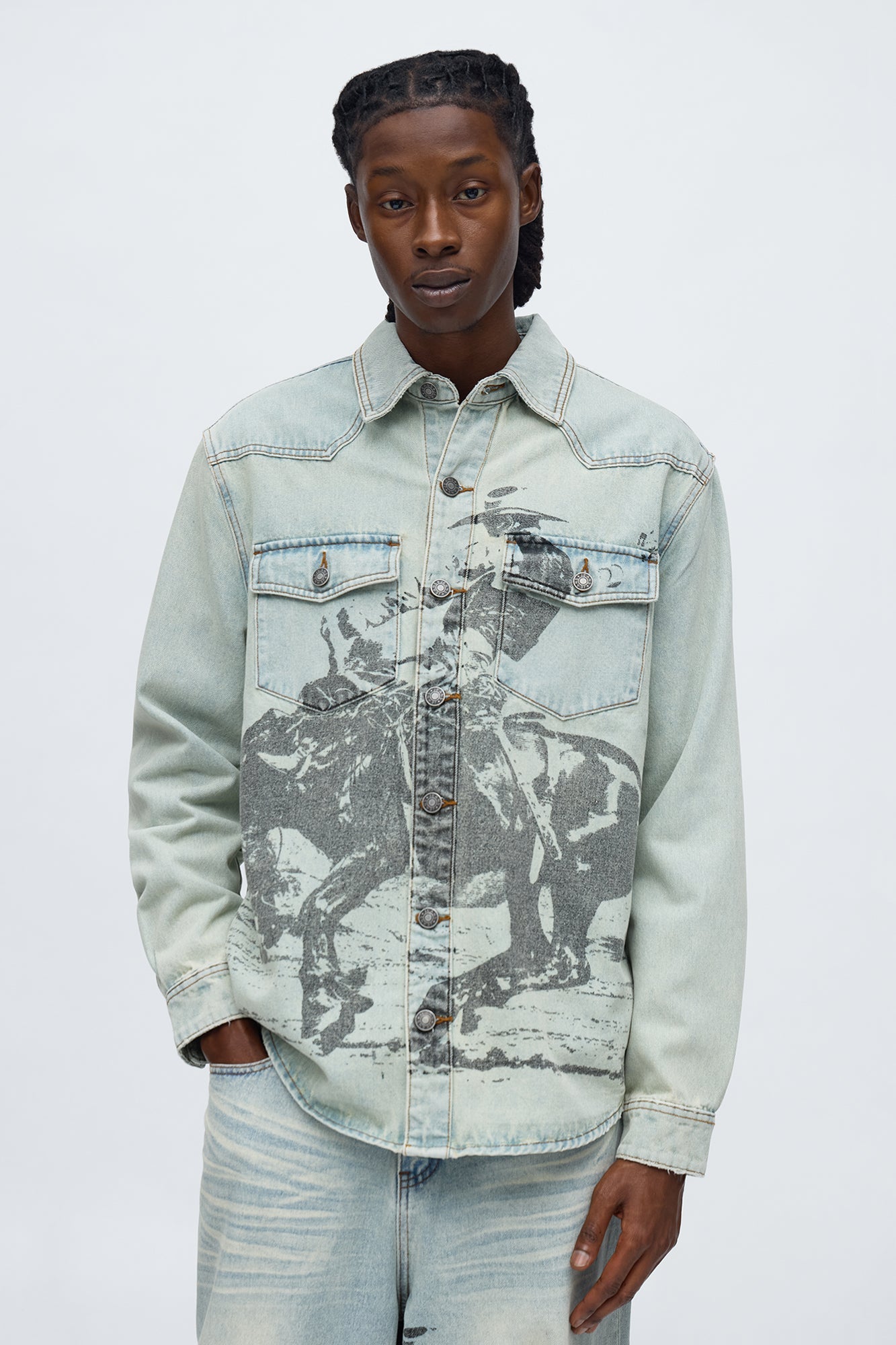 Relaxed Cowboy Hit Denim Button Up Shirt - Vintage Blue Wash