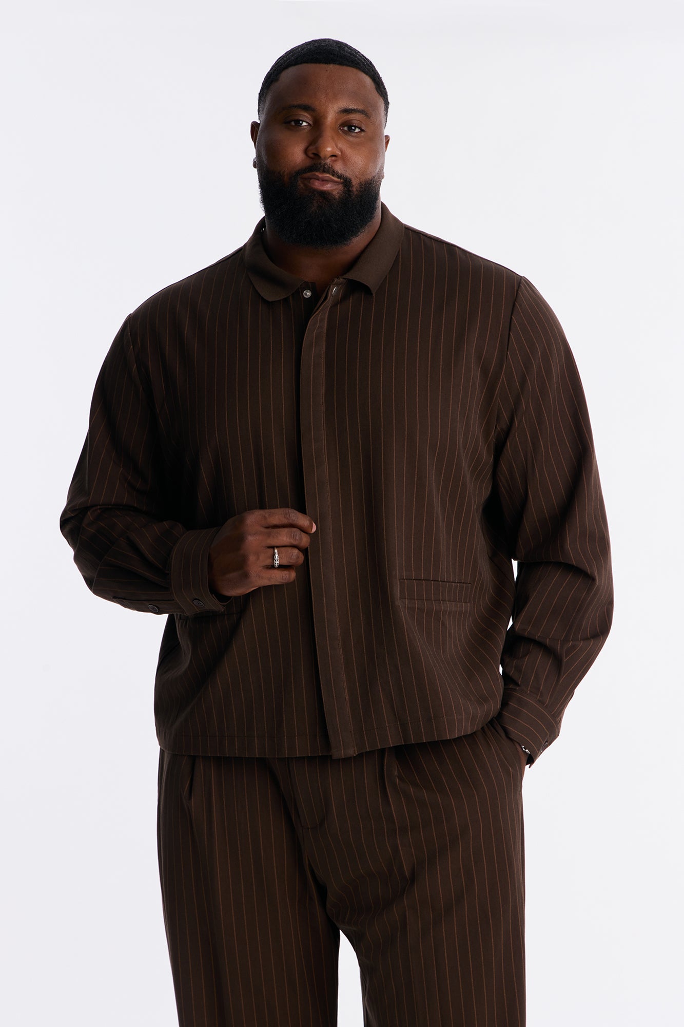 Straight Striped Elevated Shirt Jacket - Brown