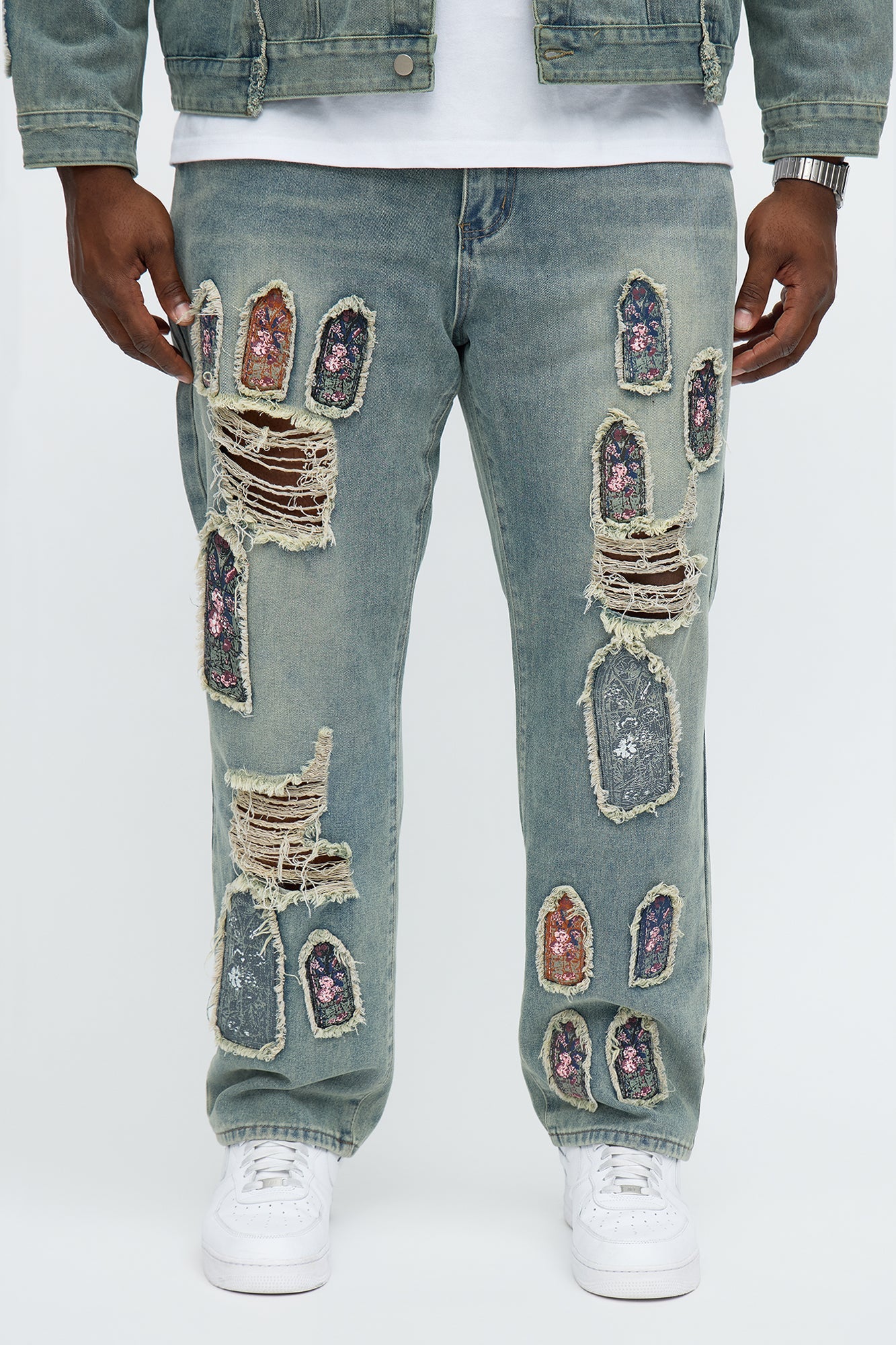 Relaxed Straight Holy Windows Patched Distressed Jean - Vintage Blue Wash
