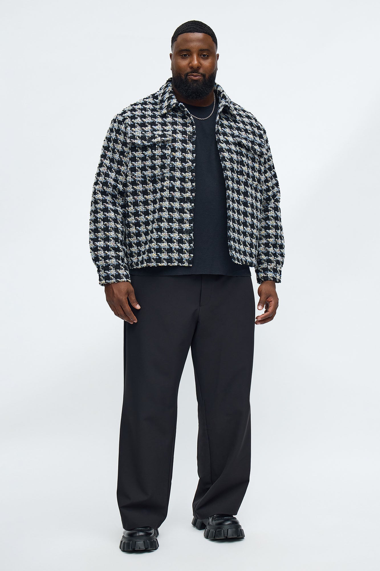 Cropped Textured Boucle Houndstooth Shacket - Black