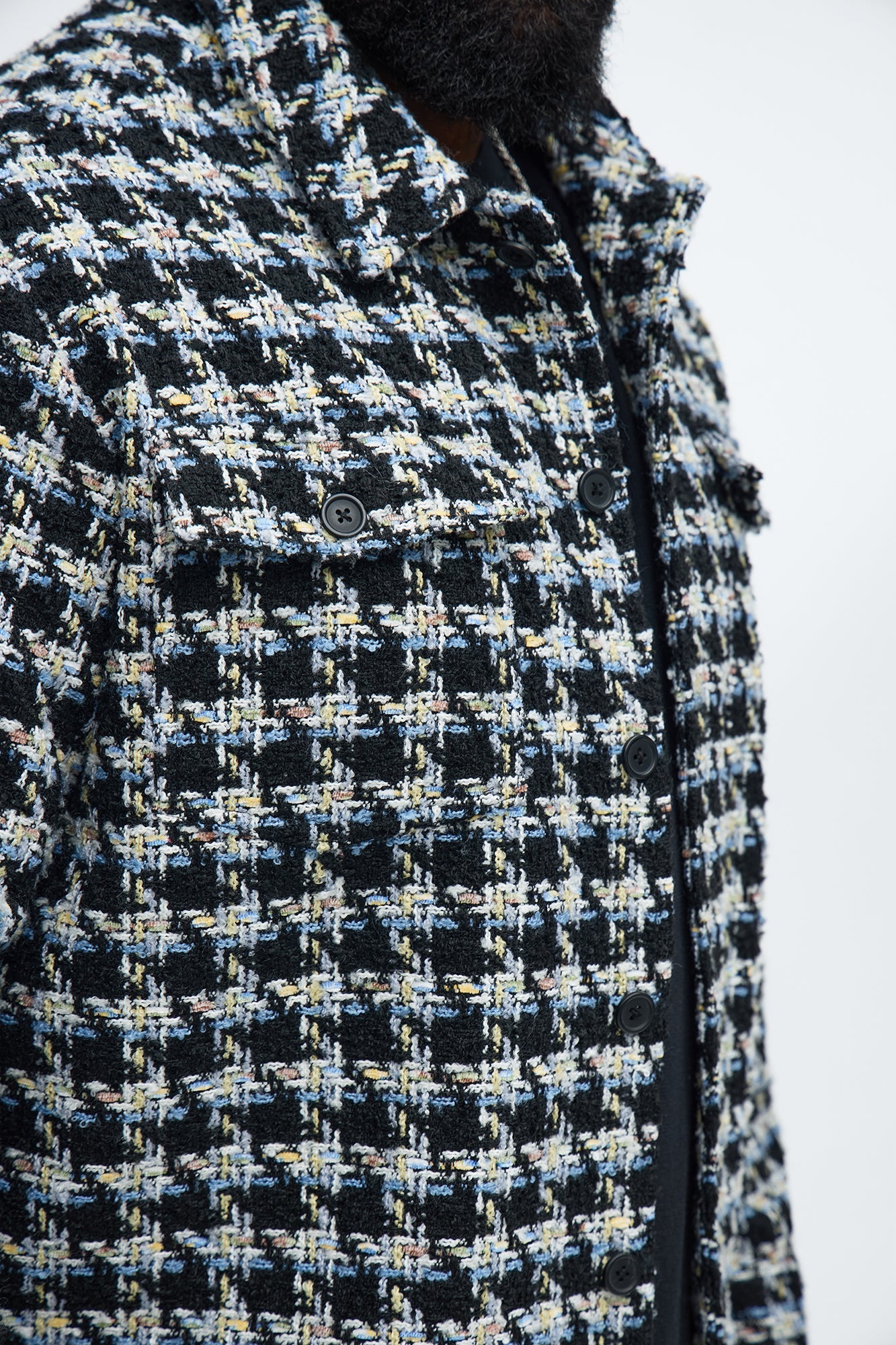 Cropped Textured Boucle Houndstooth Shacket - Black