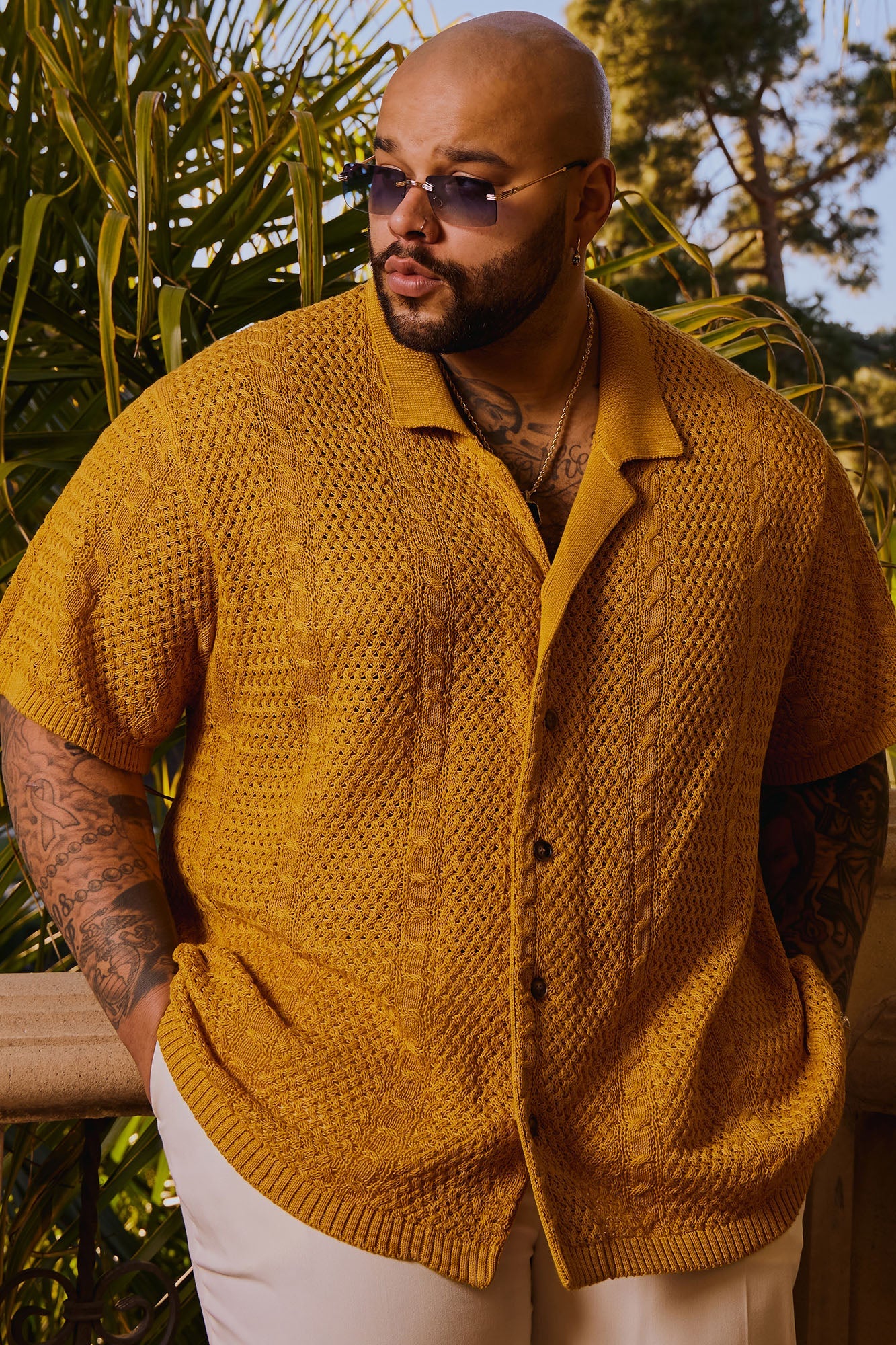 Unwind Cable Knit Short Sleeve Button Up - Mustard