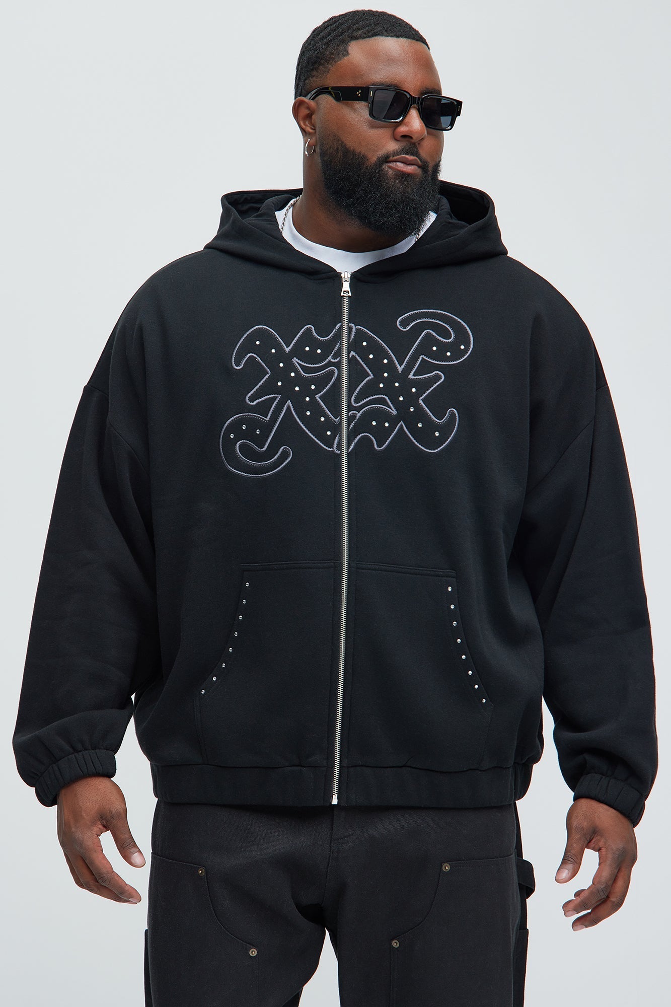 Tyson Rhinestone Oversized Zip Up Hoodie - Black