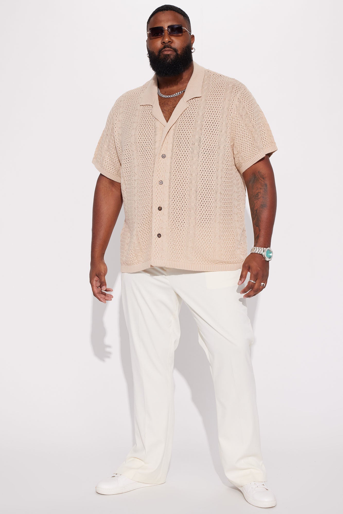 Unwind Cable Knit Short Sleeve Button Up - Oatmeal
