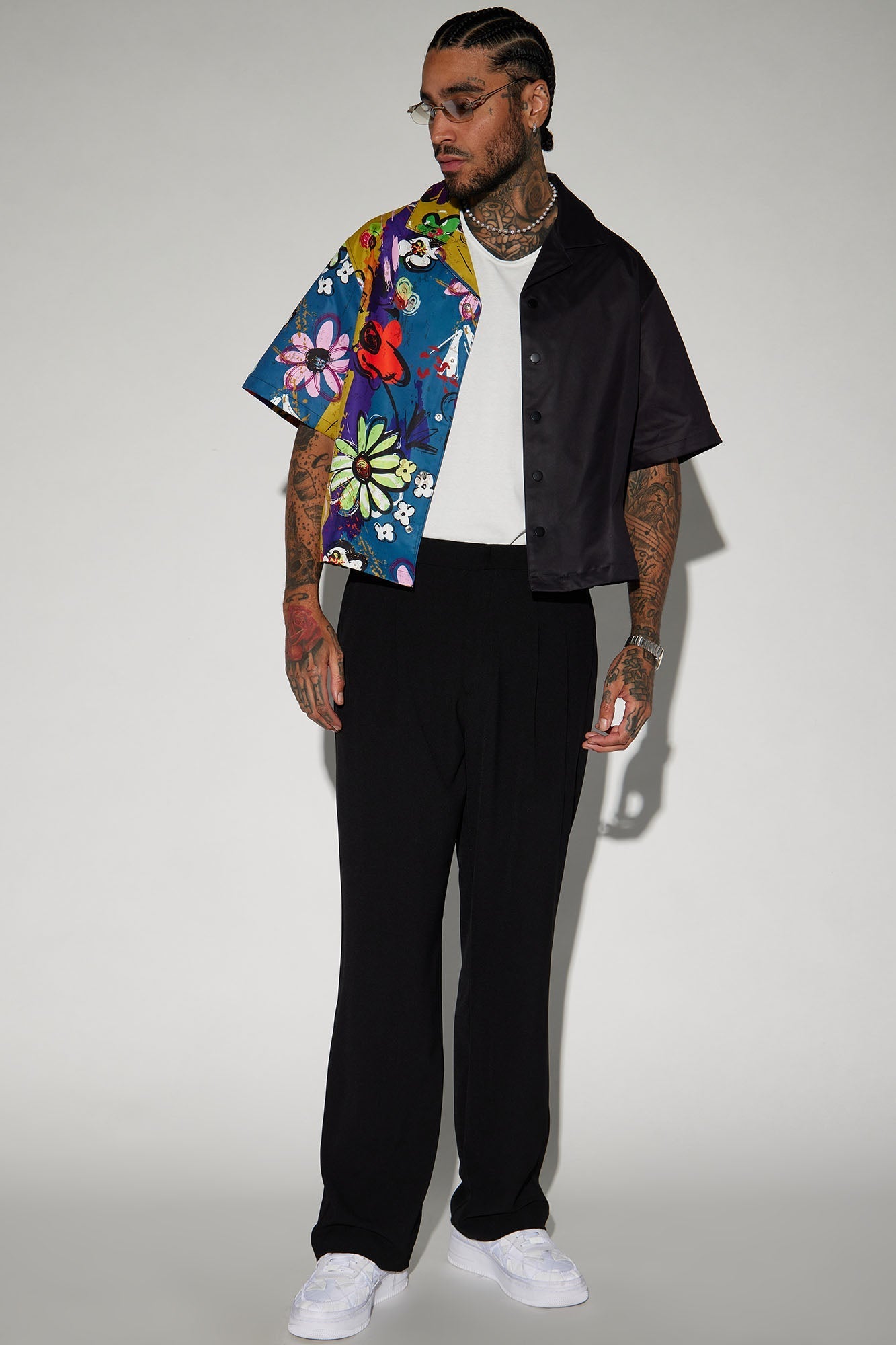 Volos Split Cropped Shirt - Navy/Multi