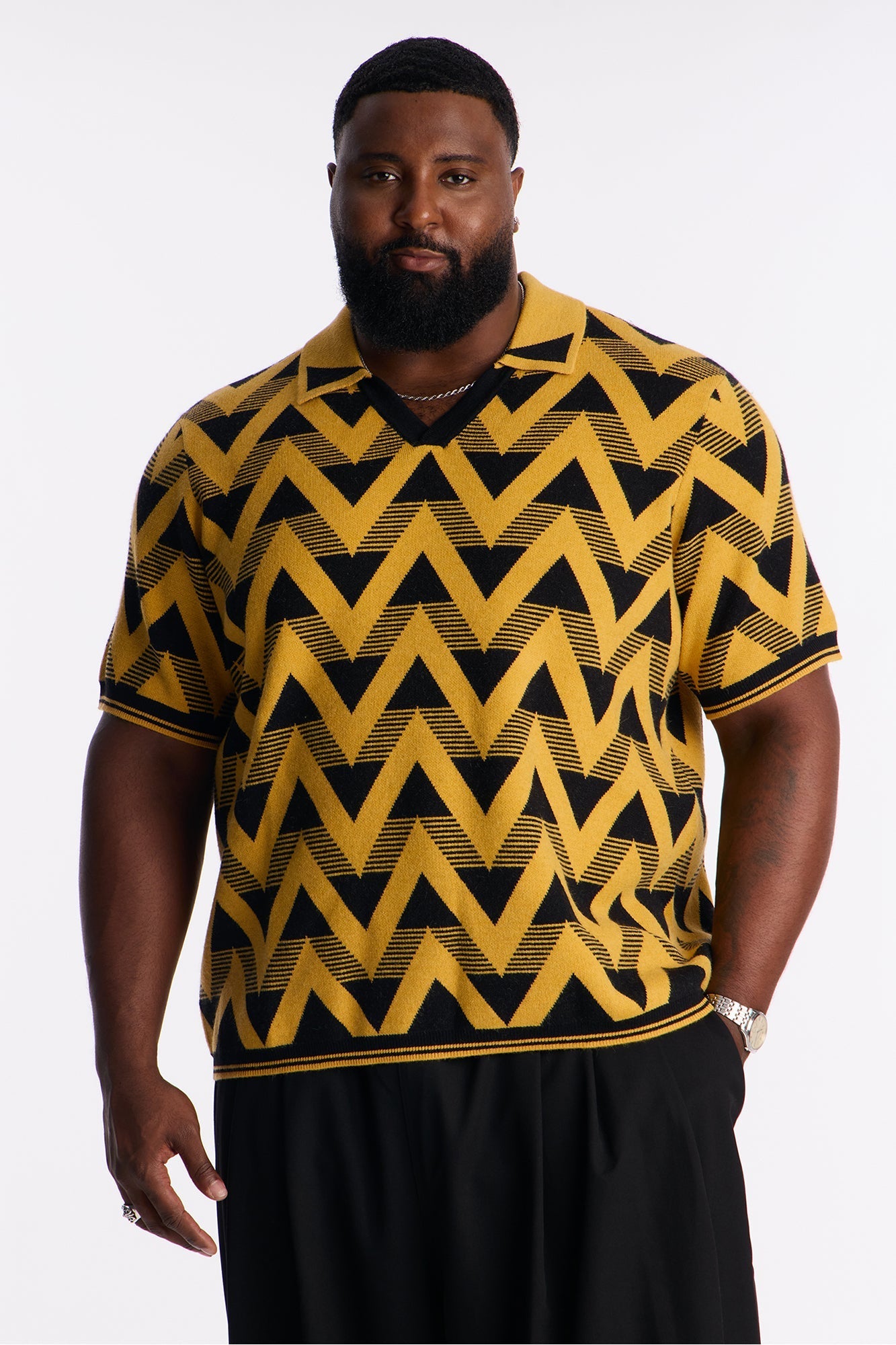 Charlie Johnny Collar Knitted Polo - Yellow/combo