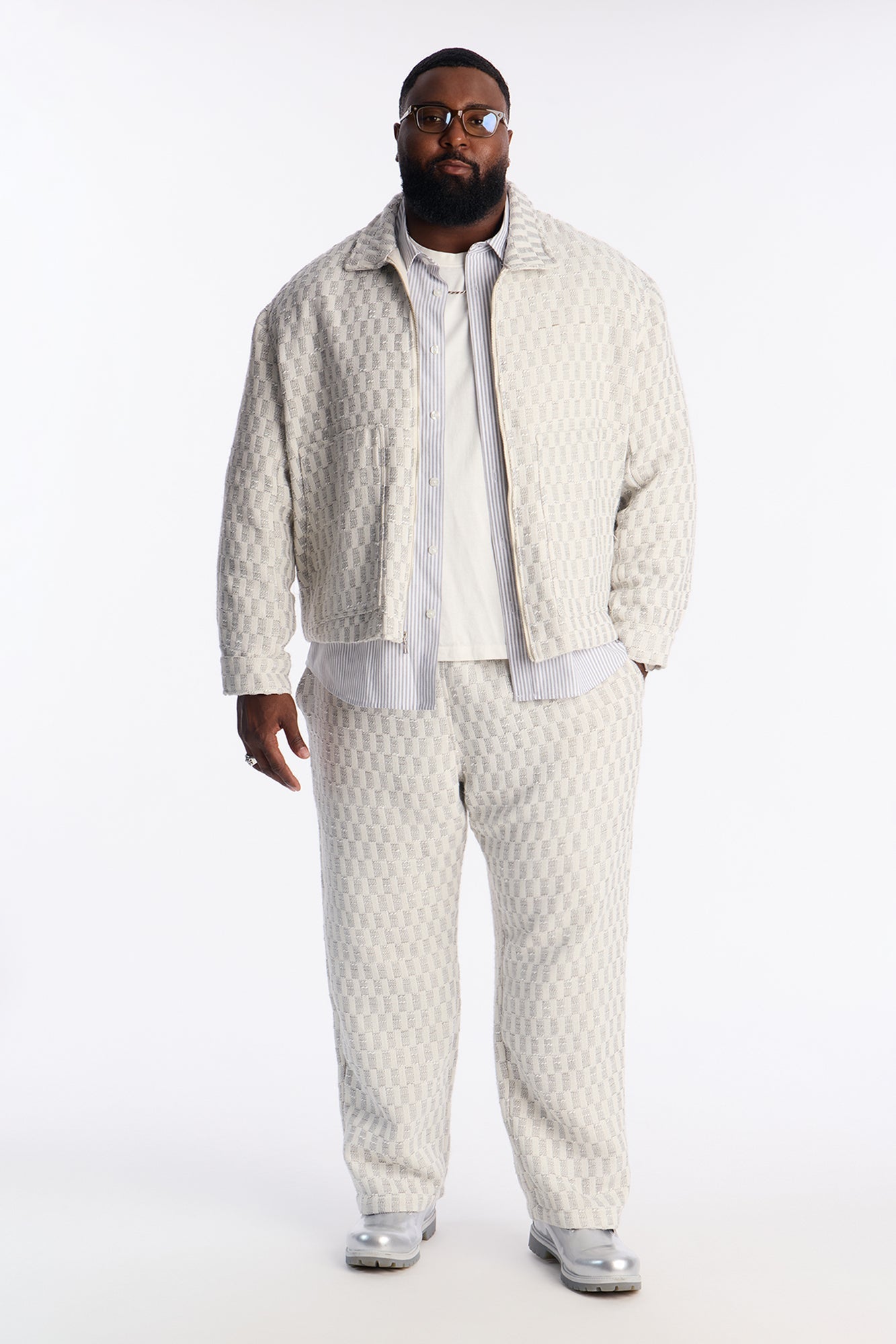 Relaxed Cropped Checker Work Jacket - Cream