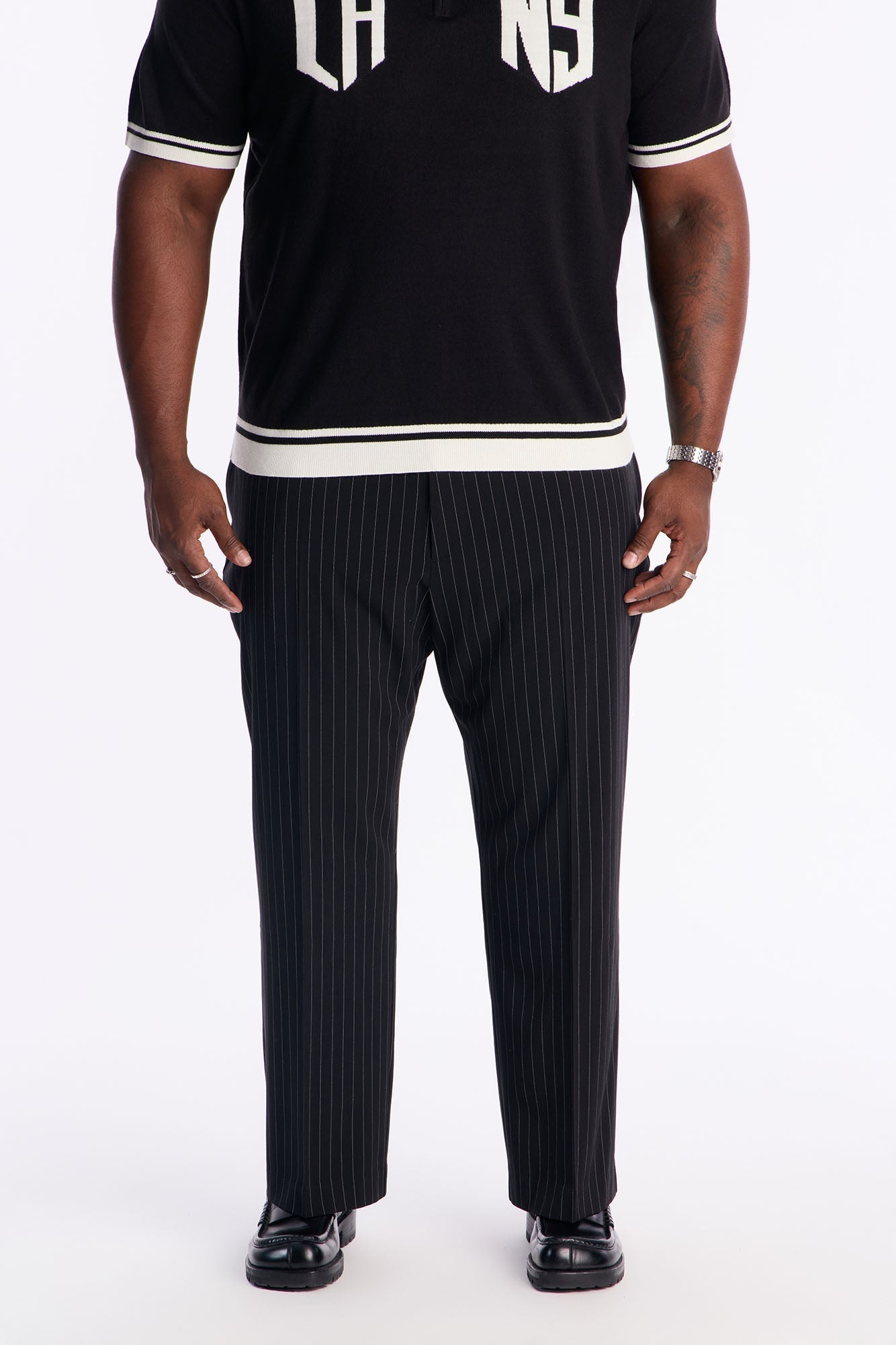 Straight Harlow Pinstripe Drawstring Pant - Black