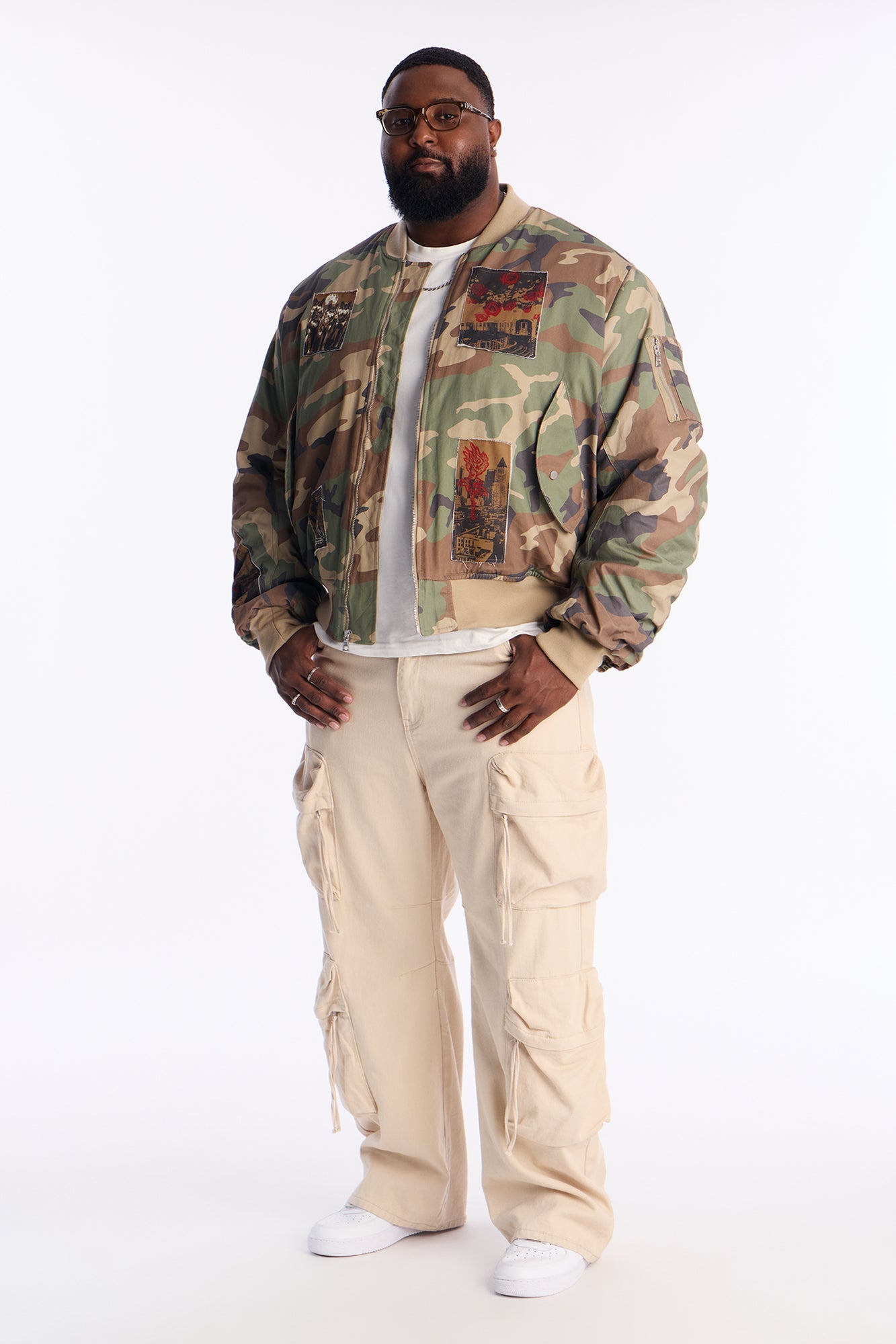Oversized Padded Distressed Patched Bomber Jacket - Camouflage