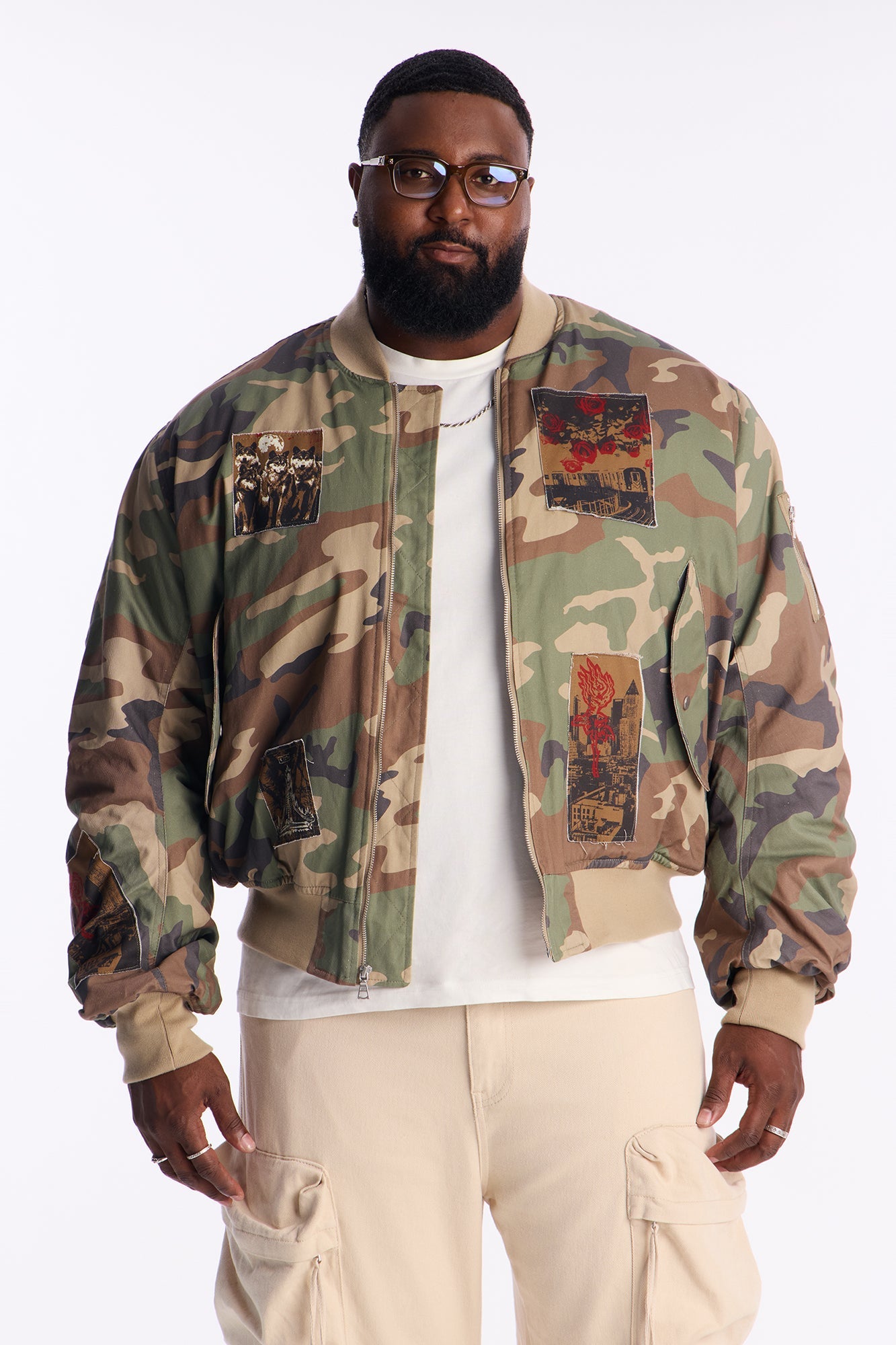 Oversized Padded Distressed Patched Bomber Jacket - Camouflage