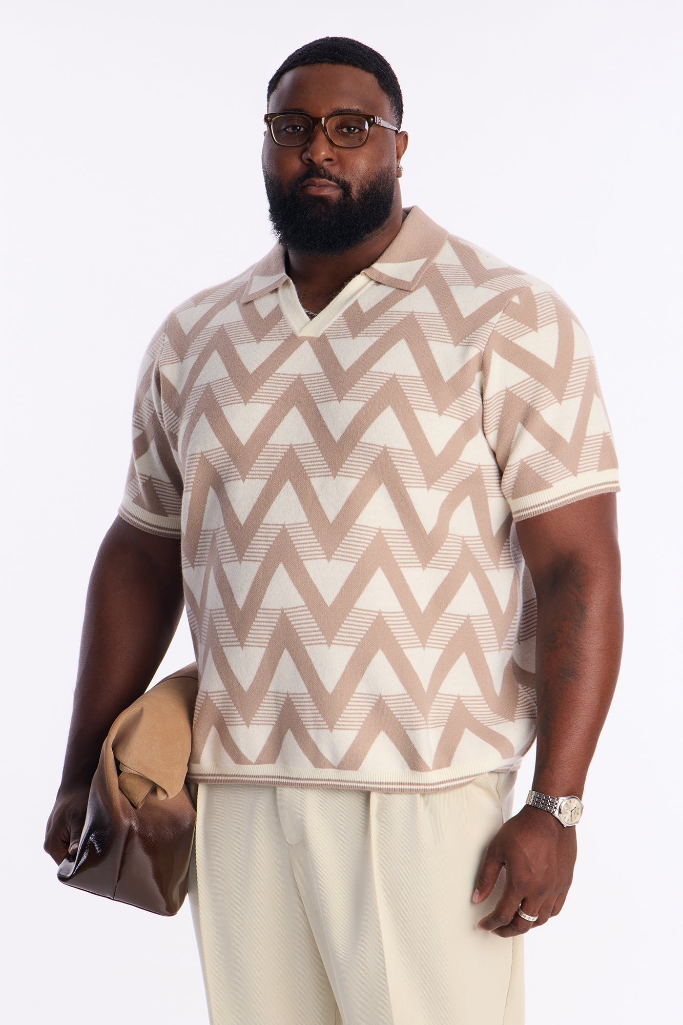 Charlie Johnny Collar Knitted Polo - Taupe