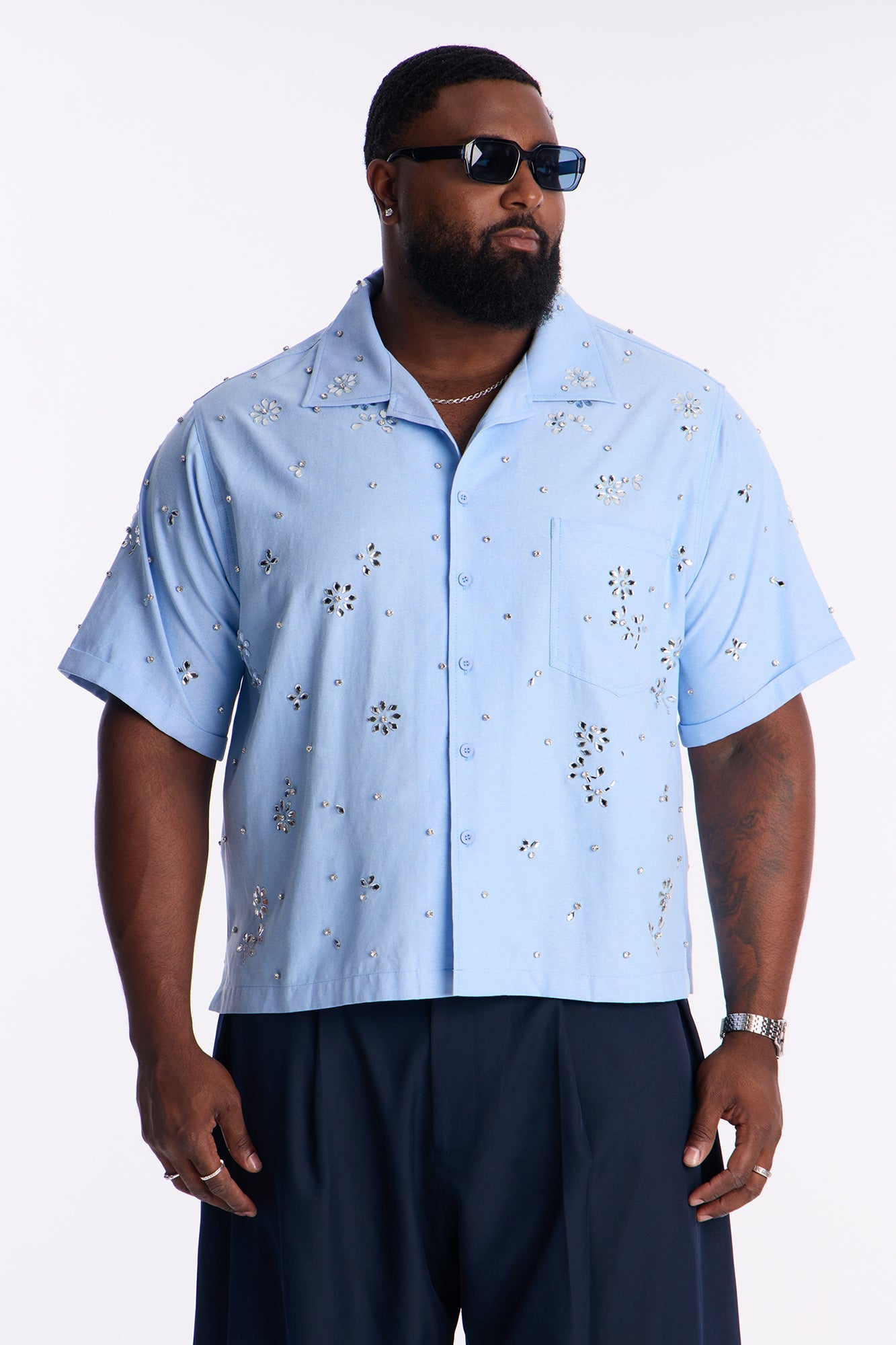 Chrome Bloom Cuban Button Up Shirt - Light Blue