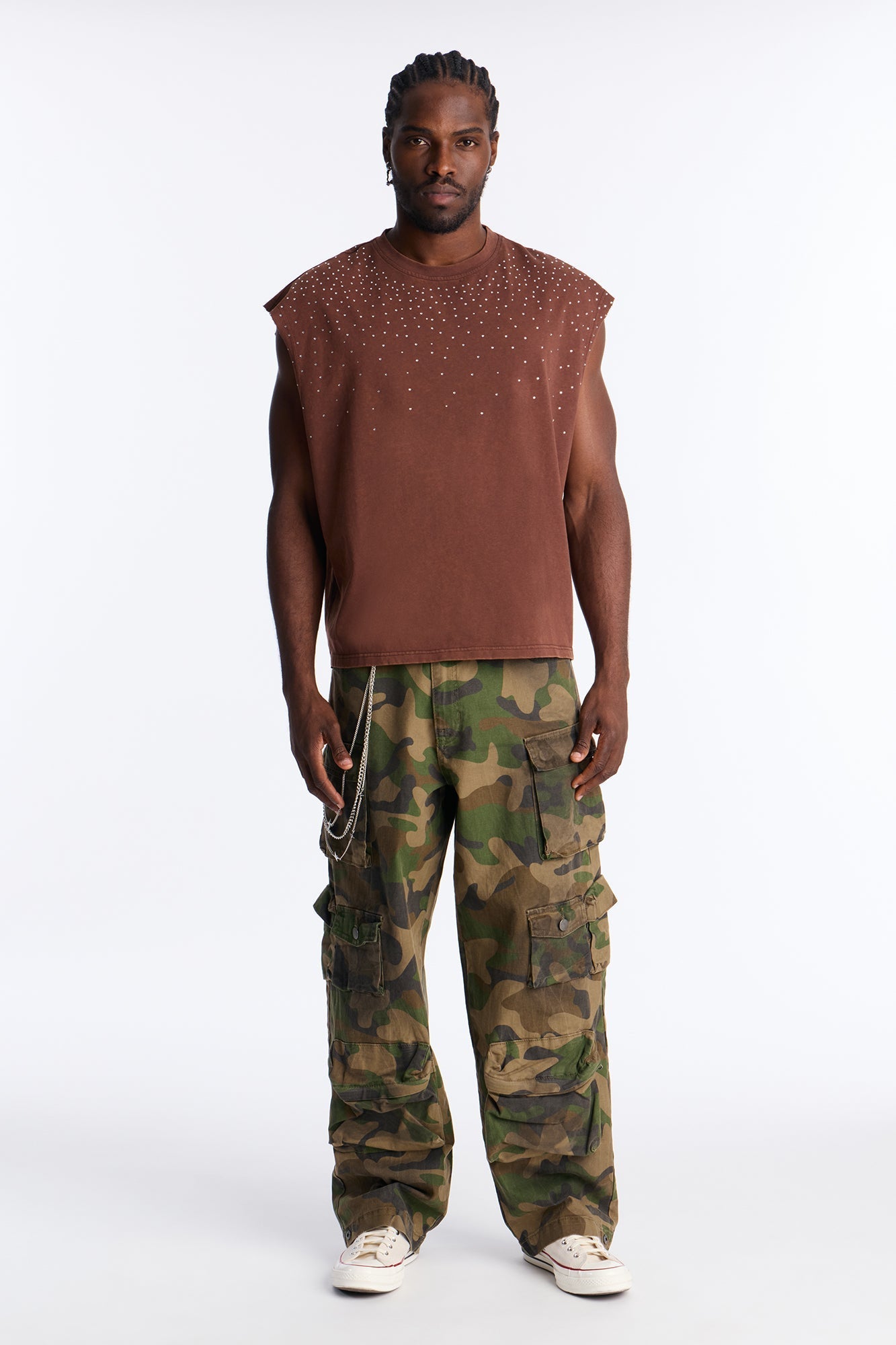 Embellished Stone Muscle Tee - Brown