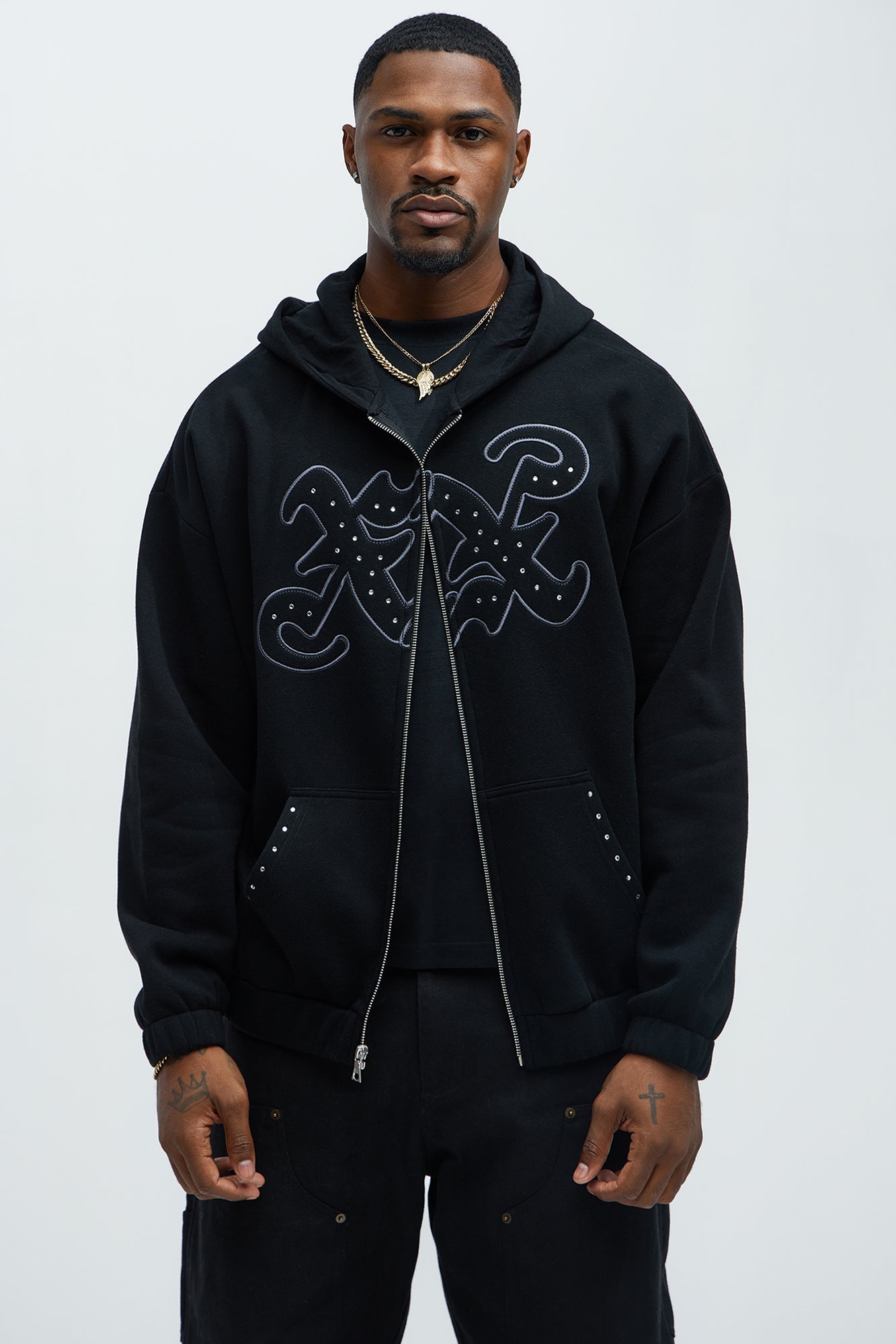Tyson Rhinestone Oversized Zip Up Hoodie - Black