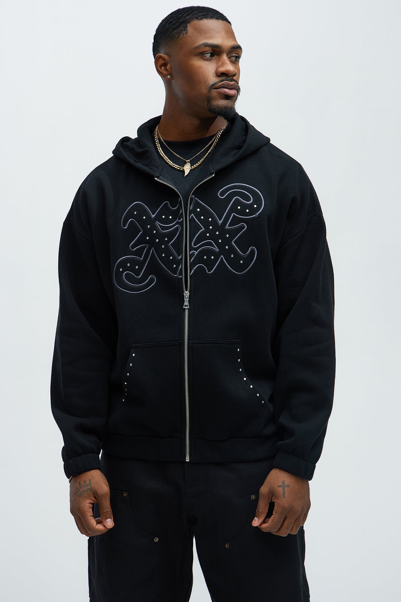 Tyson Rhinestone Oversized Zip Up Hoodie - Black