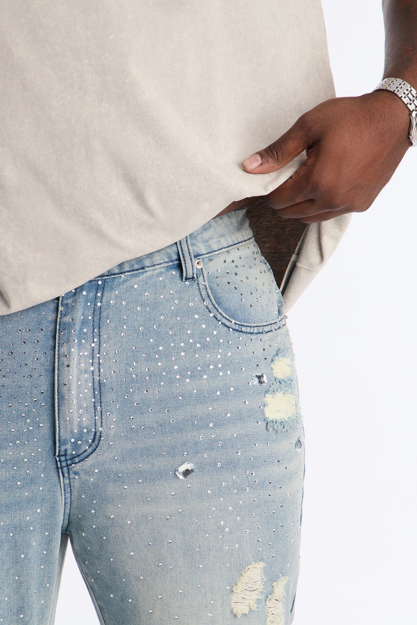 Stacked Skinny Flare Walk Me Through Jeweled Distressed Jean - Medium Blue Wash
