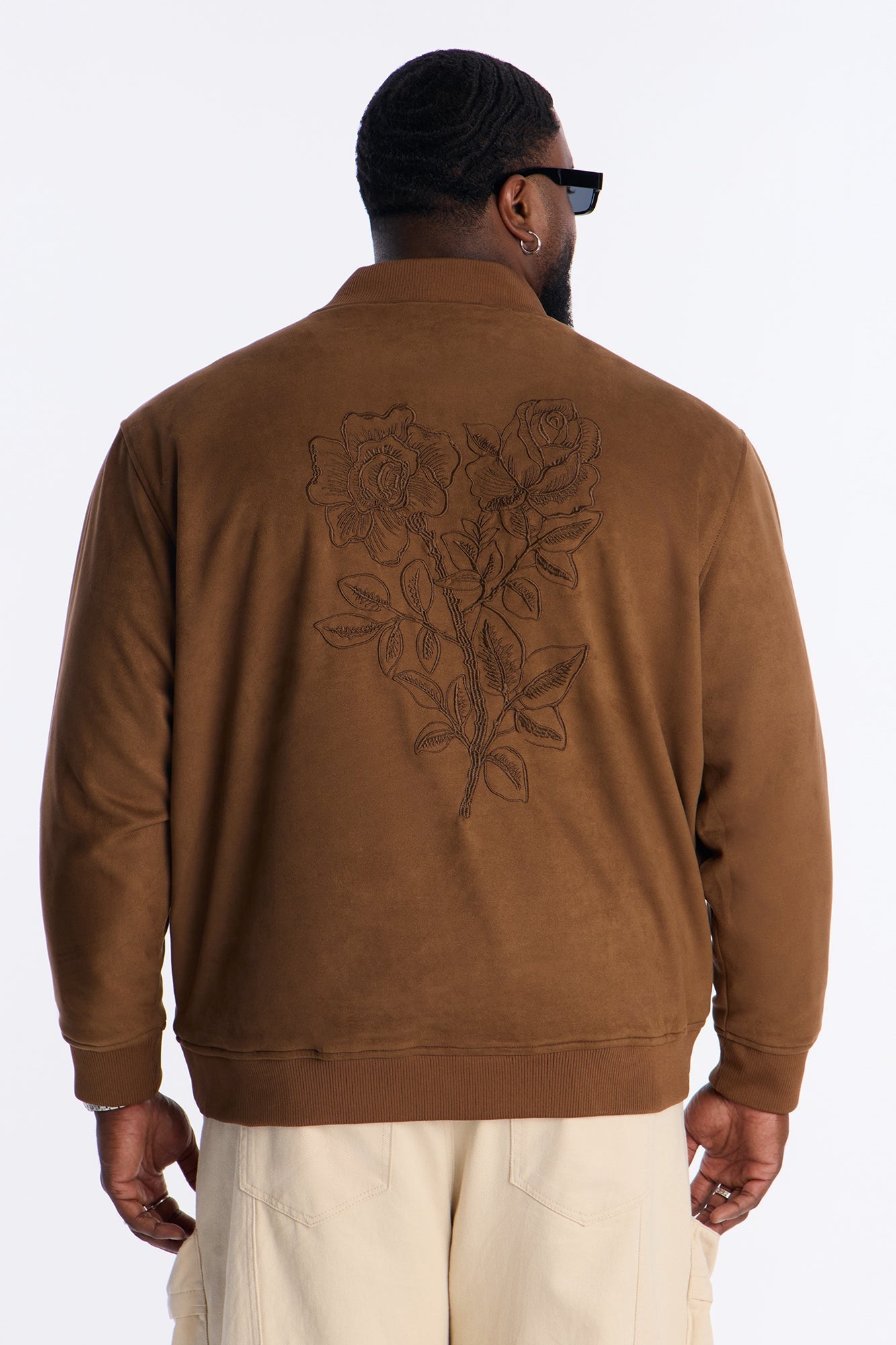 Faux Suede Embroidered Blossom Bomber Jacket - Tan