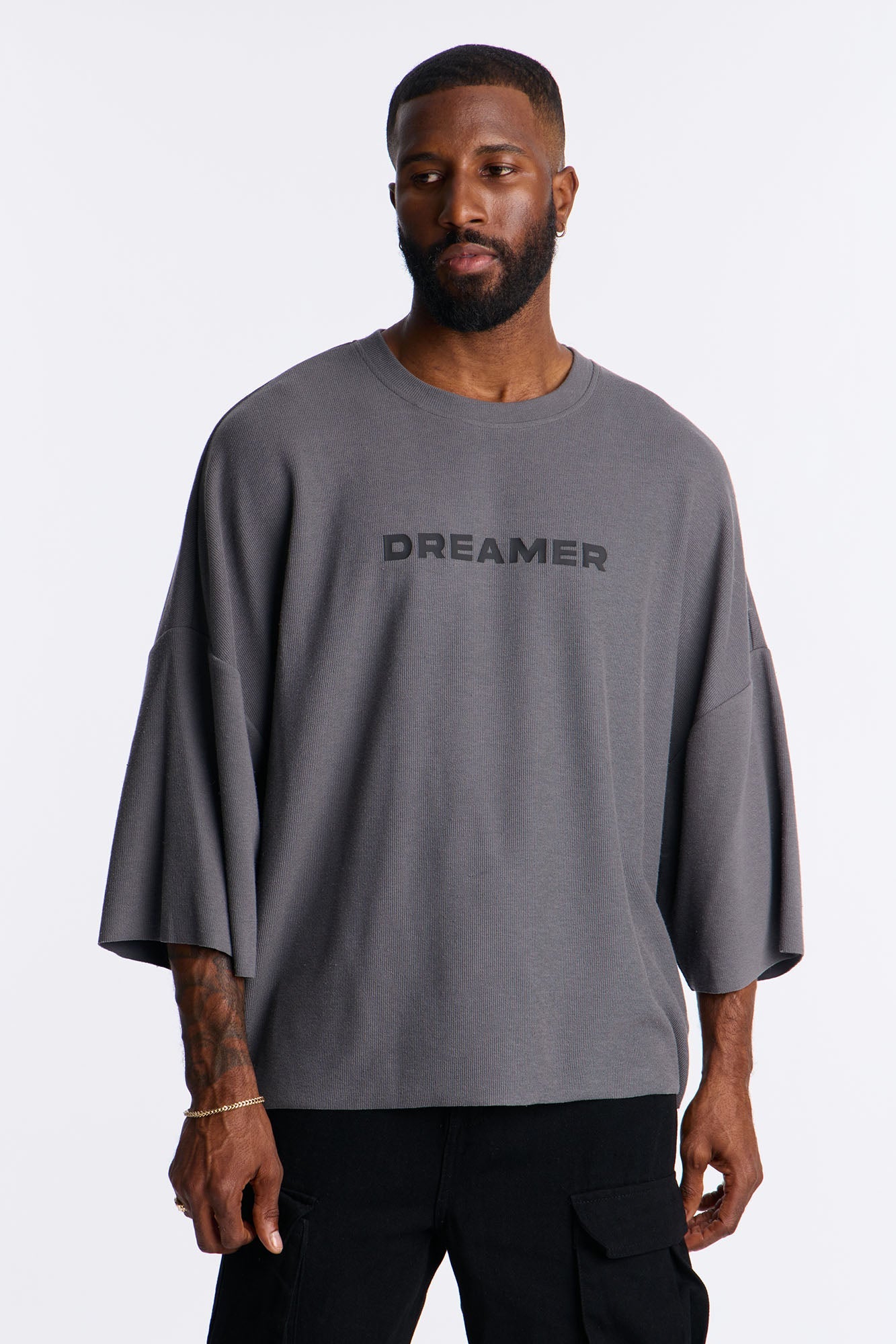 Relaxed Boxy Dreamer Knit Tee - Dark Grey