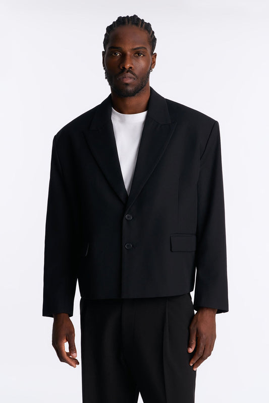 Cropped Peak Lapel Single Breasted Blazer - Black