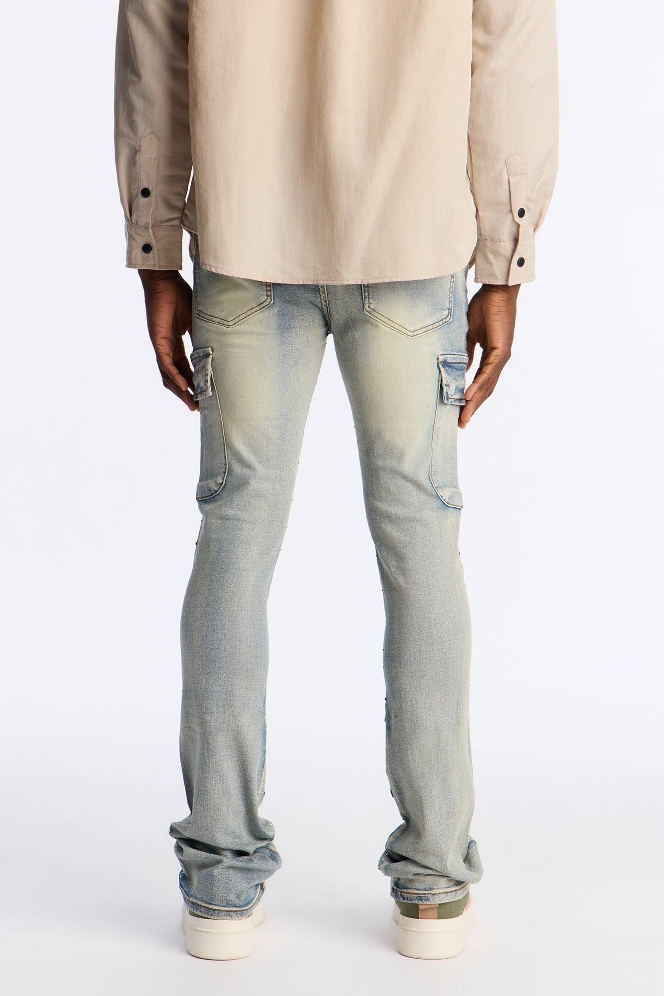 Stacked Skinny Flare Speckled Jeweled Cargo Jean - Medium Wash