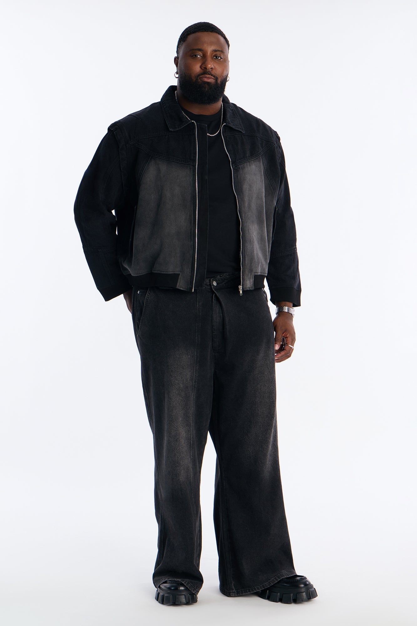 Paneled Denim Bomber Jacket - Black Wash