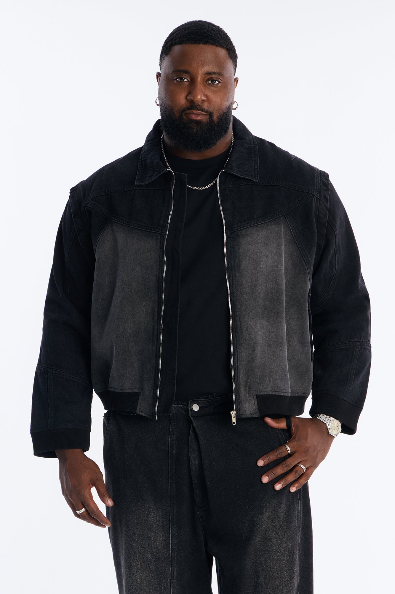 Paneled Denim Bomber Jacket - Black Wash