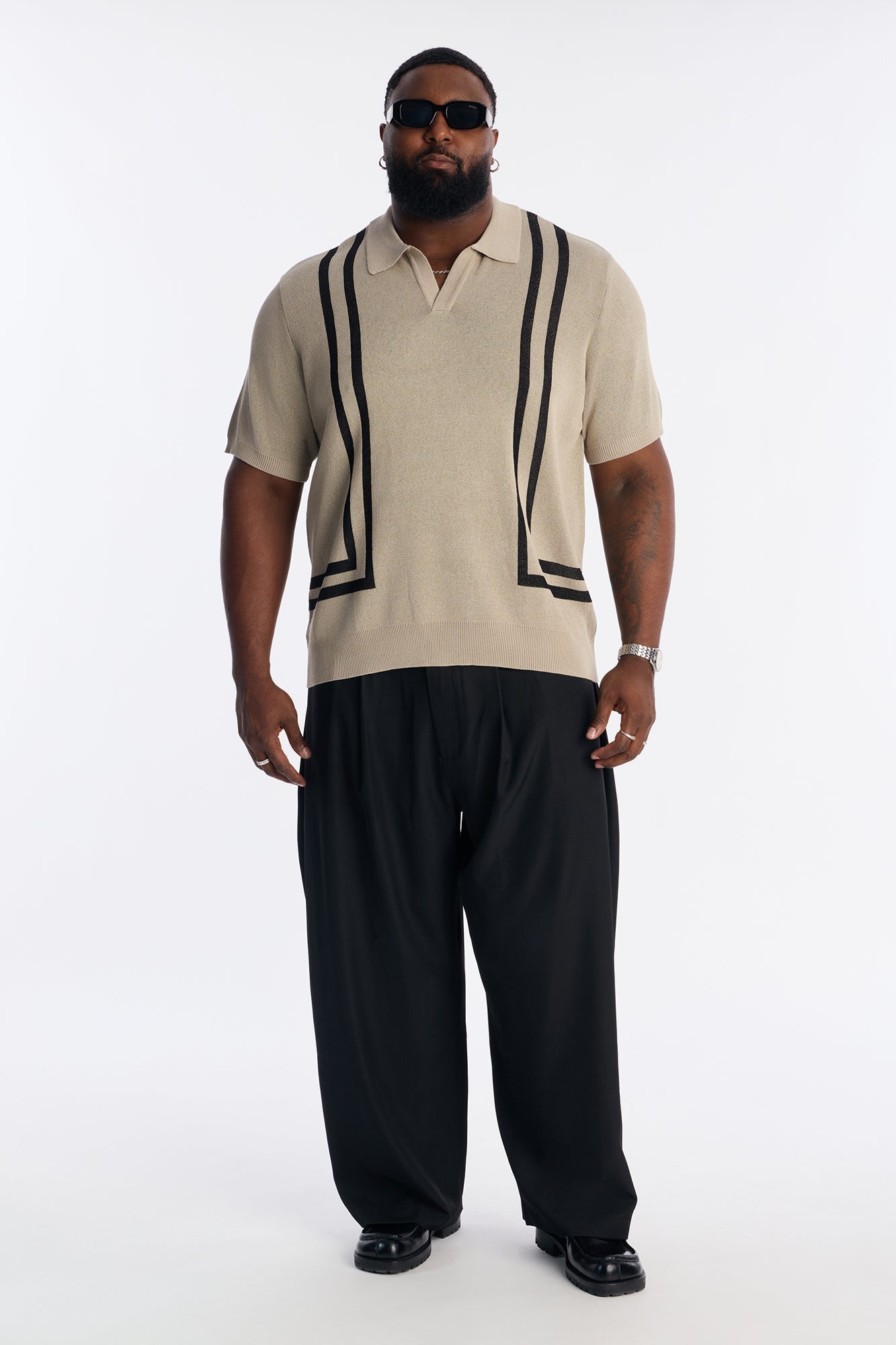 Seeing Lines Knit Johnny Collar Shirt - Tan