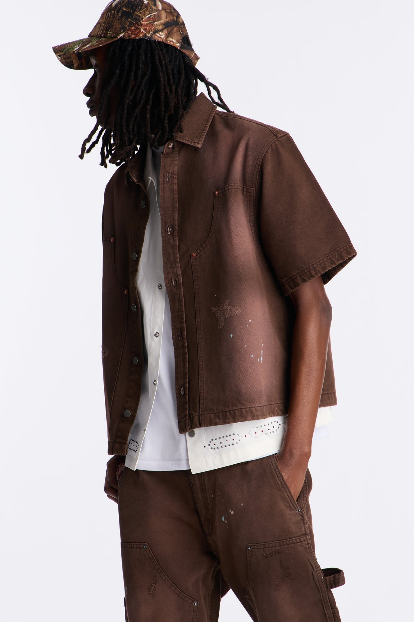 Cropped Splatter Paint Distressed Carpenter Work Shirt - Brown