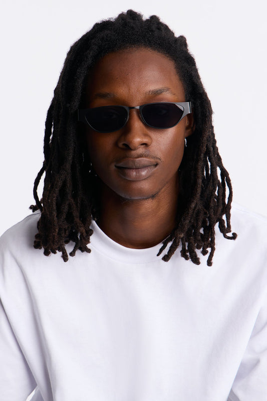 Slim Oval Matte Metal Frame Sunglasses - Black