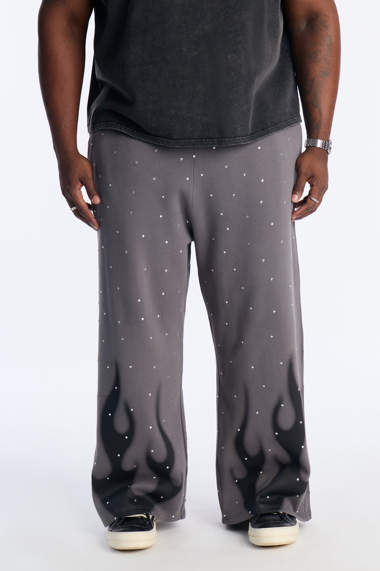 Rhinestone Flame Wide Leg Sweatpants - Charcoal