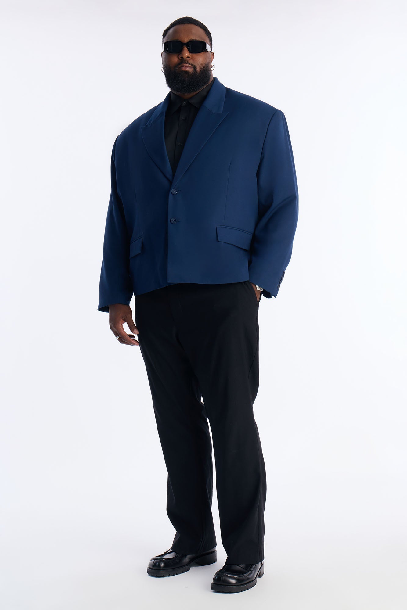 Cropped Peak Lapel Single Breasted Blazer - Navy