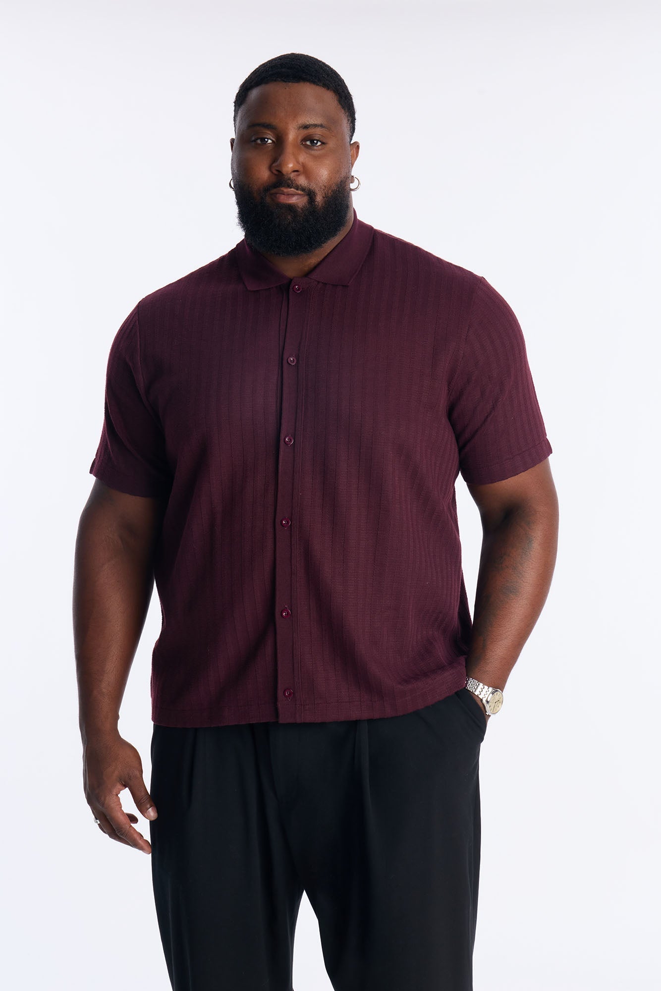 Shadow Button Striped Button Up - Burgundy
