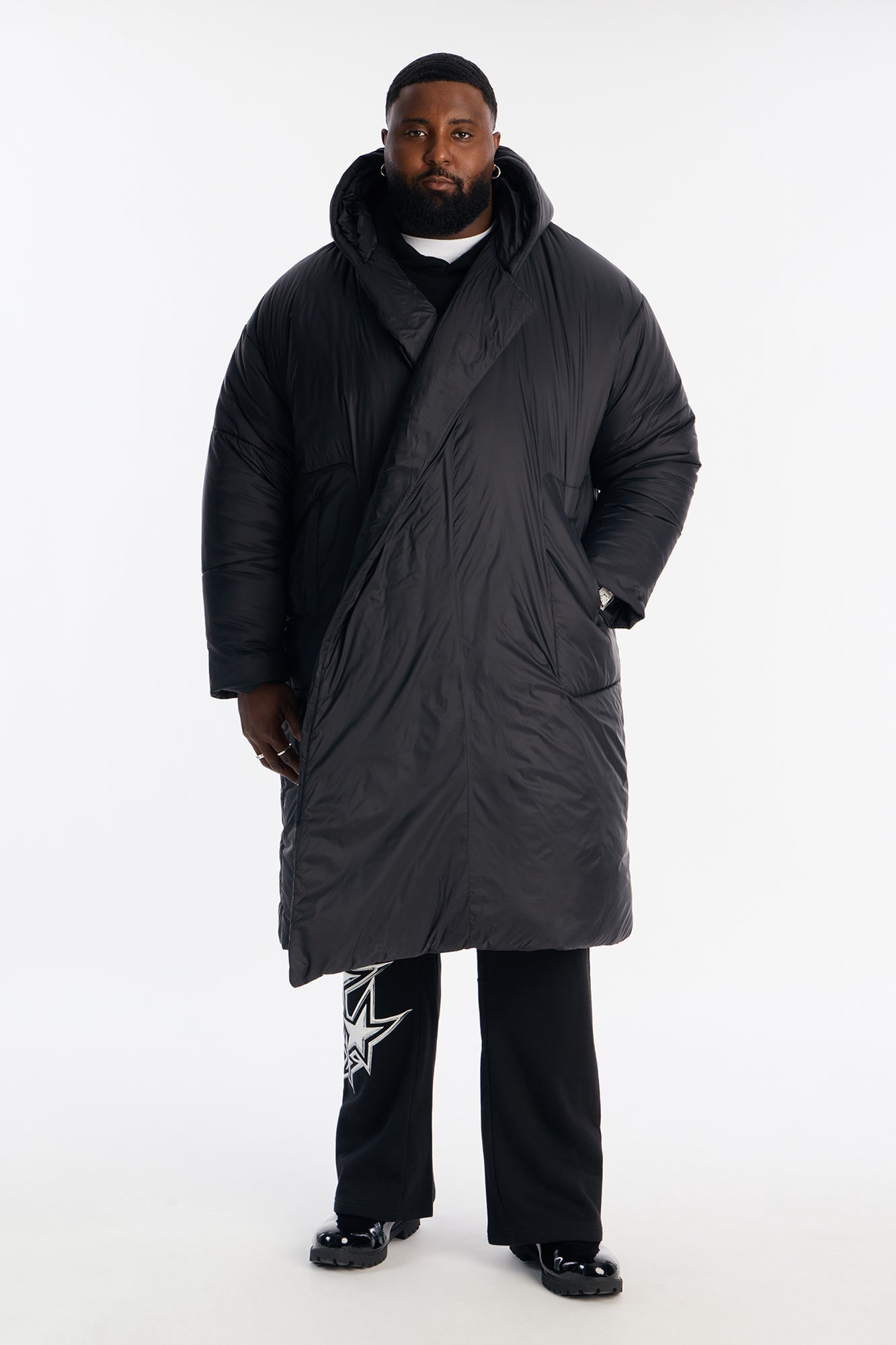 Hooded Oversized Exaggerated Wrap Long Puffer Jacket - Black