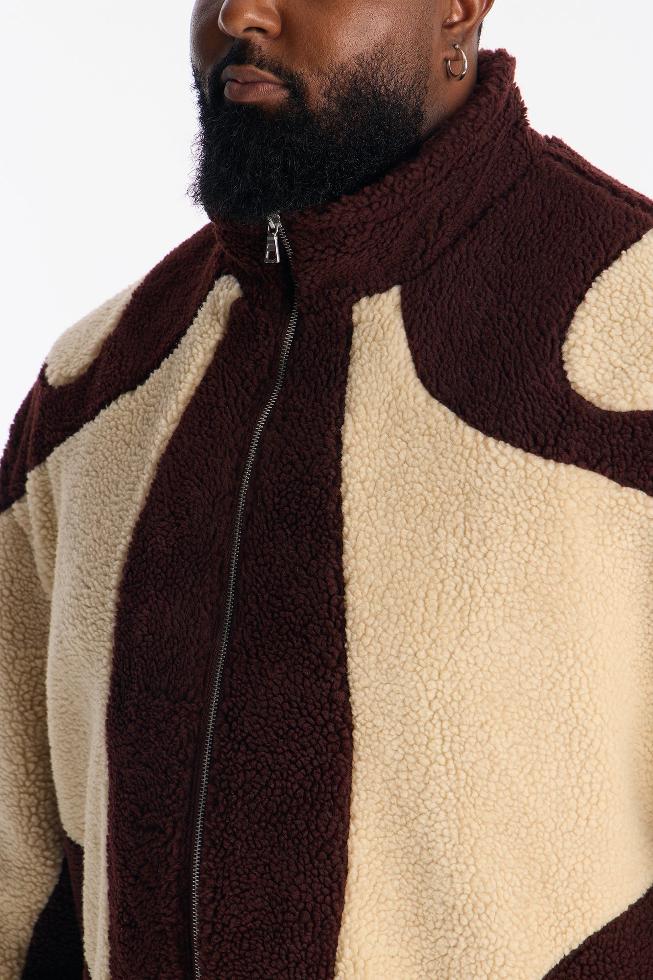 Oversized Sherpa Wave Paneled Zip Jacket - Brown