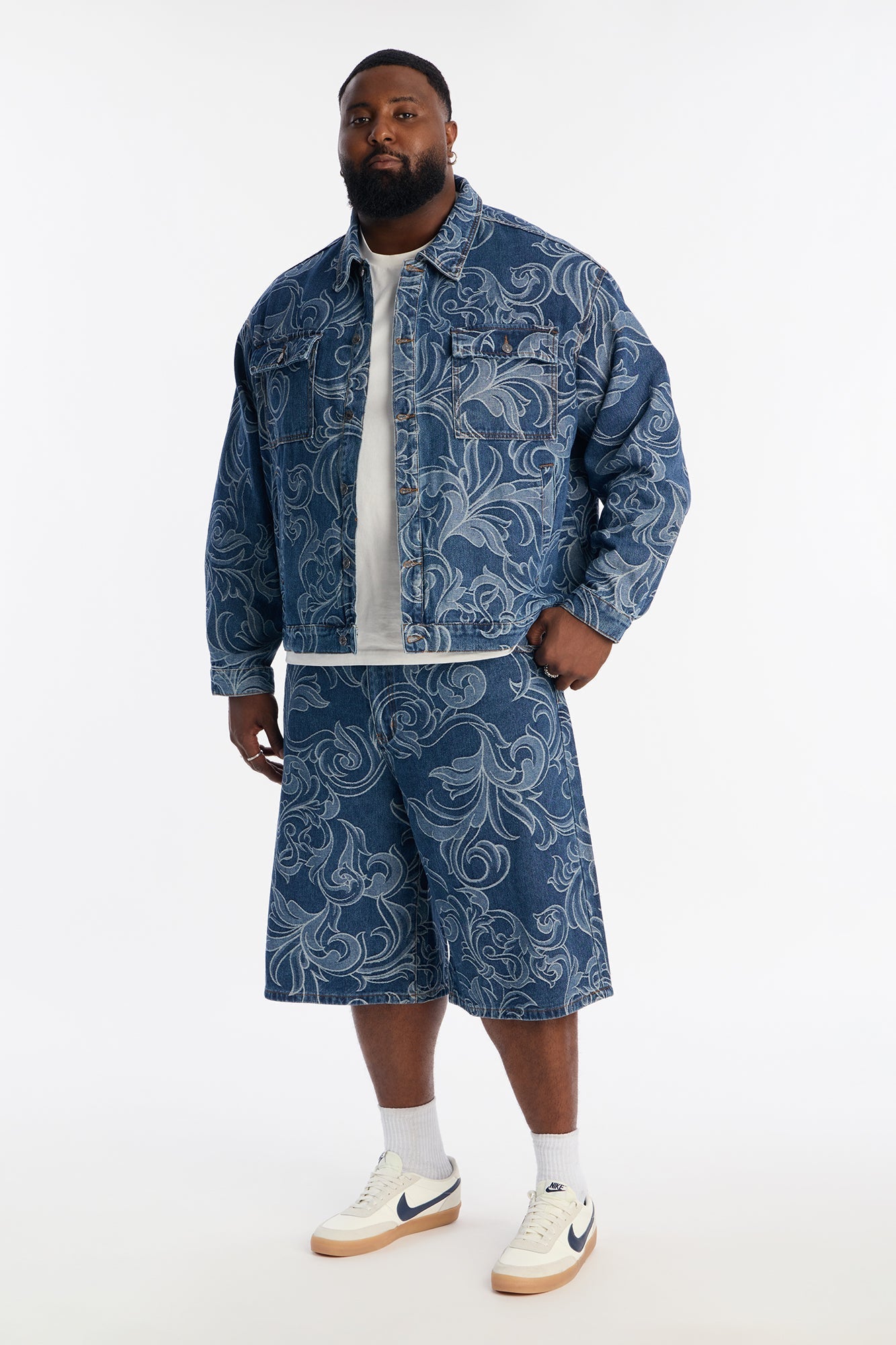 Baggy Baroque Jacquard Denim Shorts - Medium Blue Wash