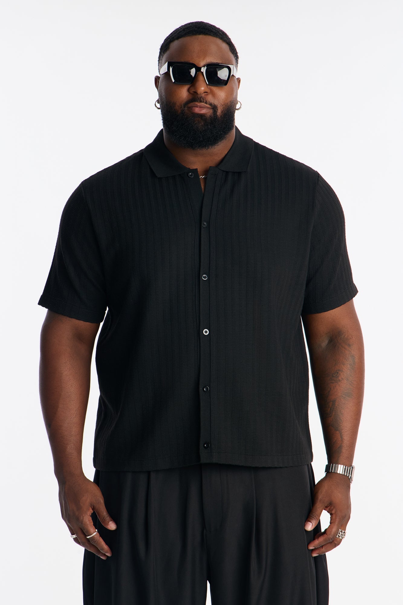 Shadow Button Striped Button Up - Black