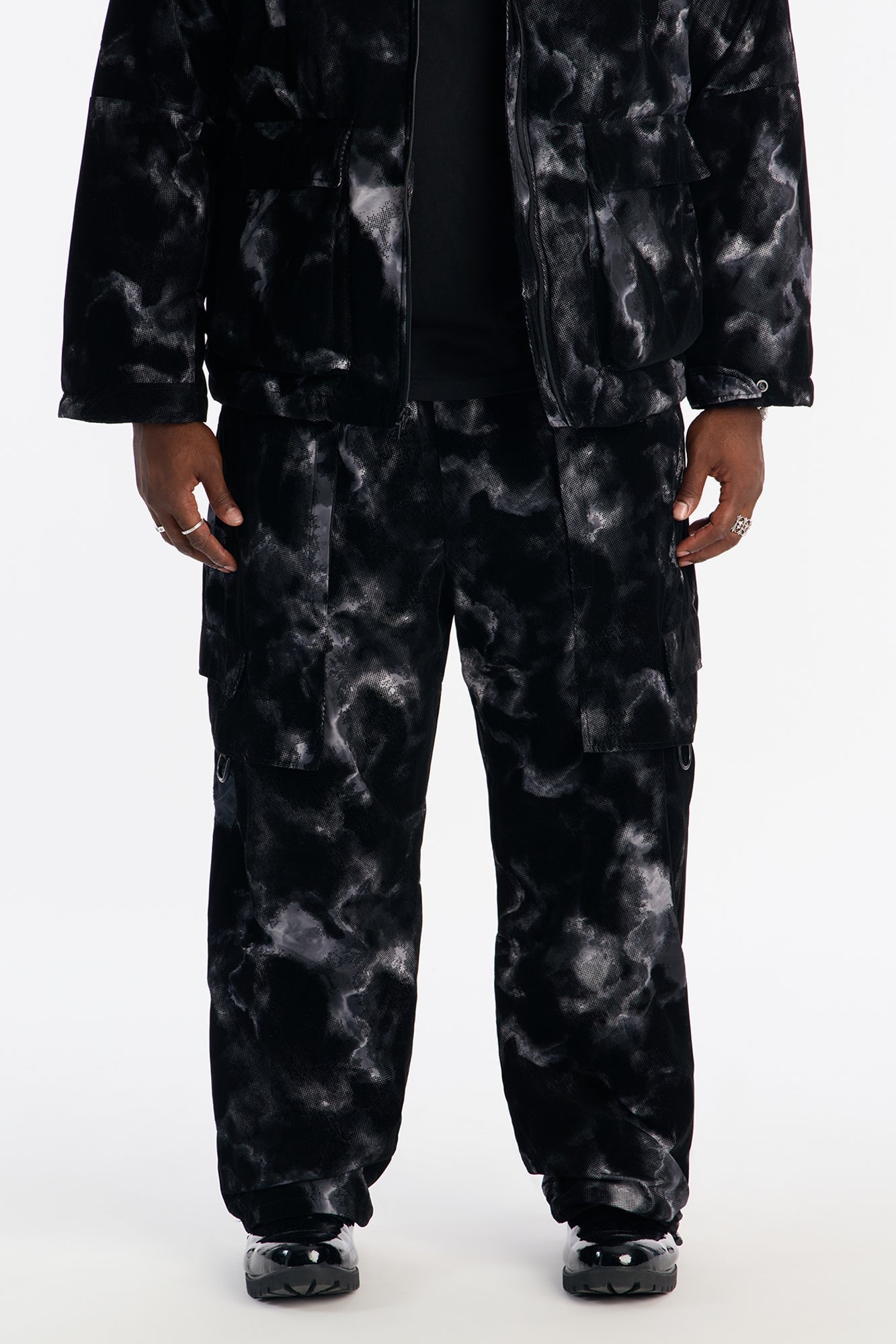 Baggy Flocked Marble Cargo Pant - Black