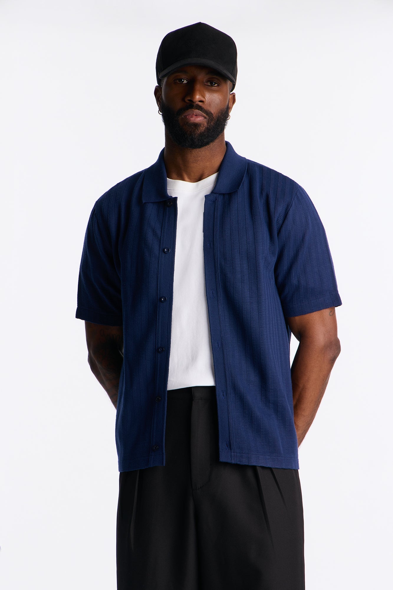 Shadow Button Striped Button Up - Navy