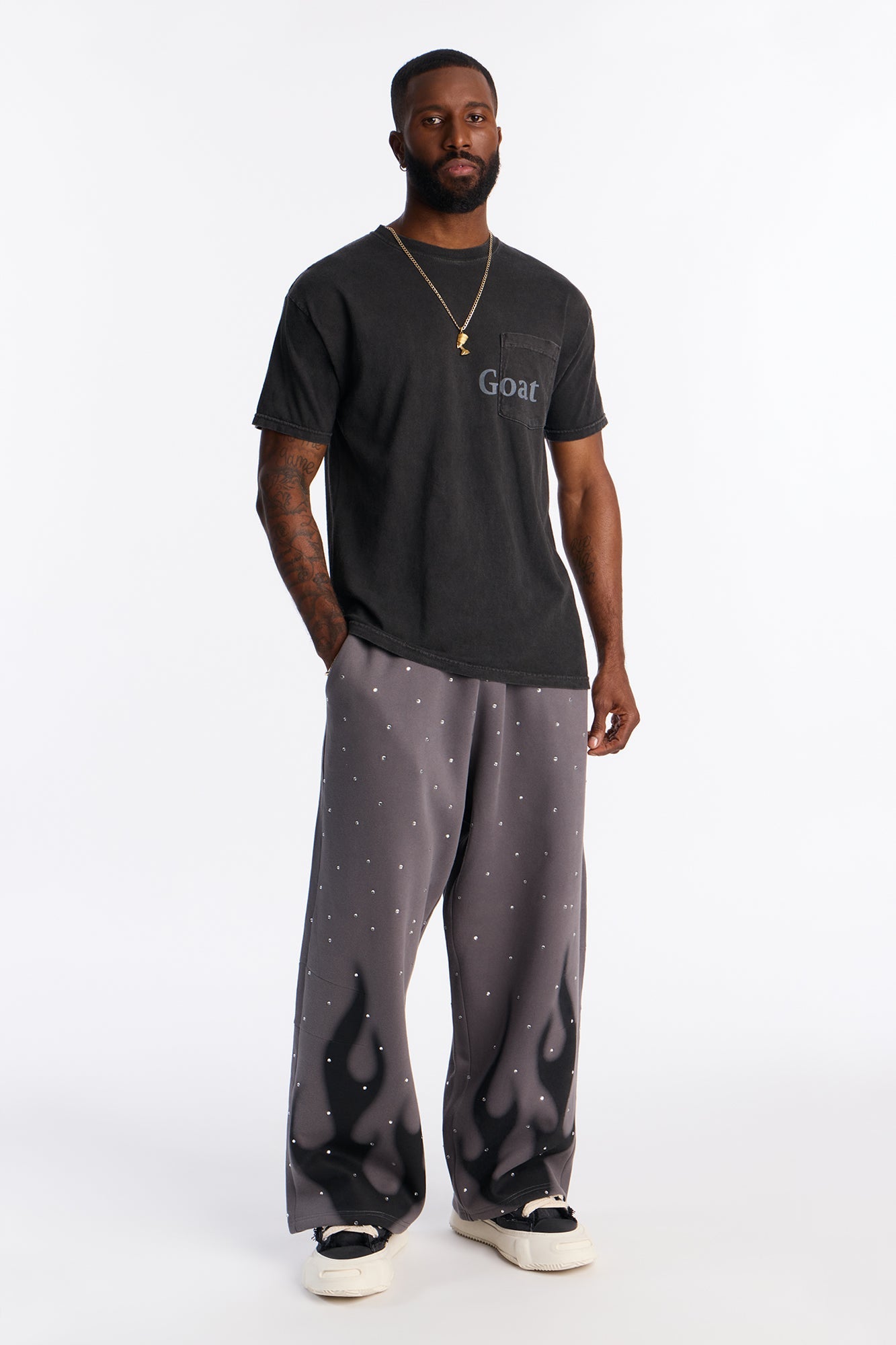 Rhinestone Flame Wide Leg Sweatpants - Charcoal