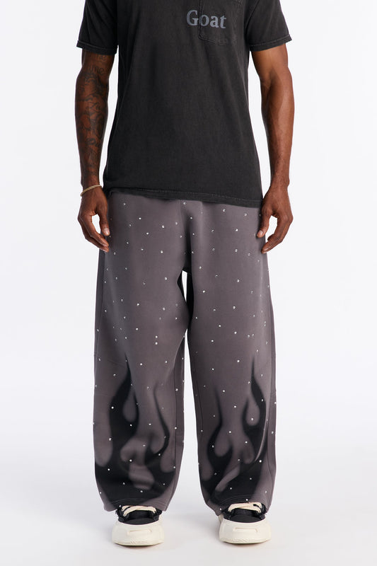 Rhinestone Flame Wide Leg Sweatpants - Charcoal