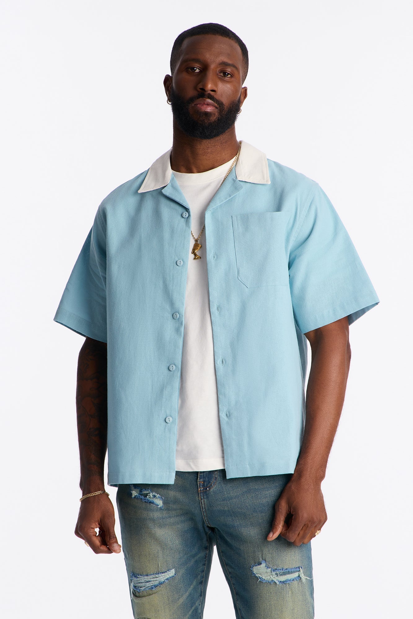 Panel Trim Button Up Shirt - Blue